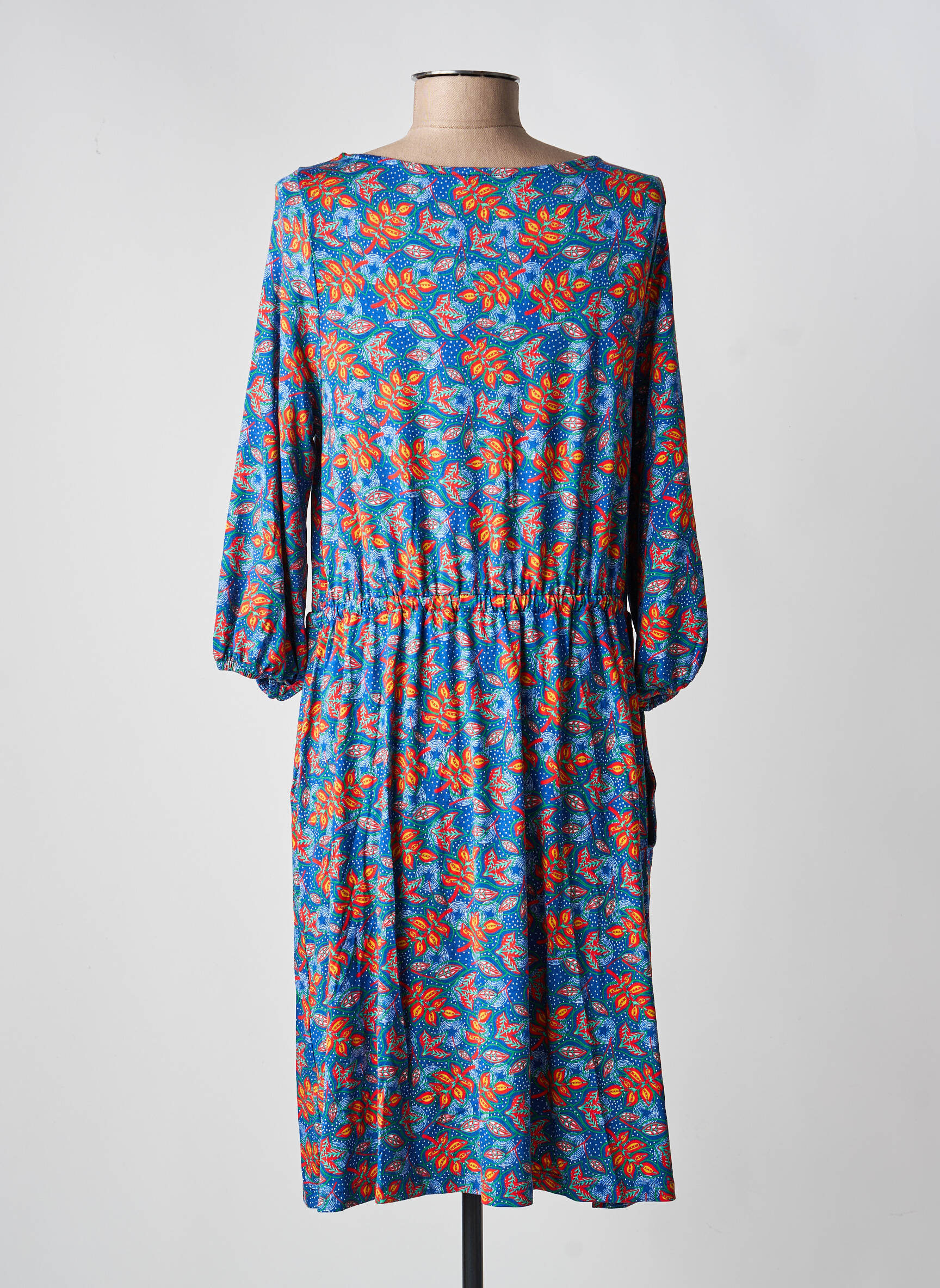 Robe mi-longue imprimé fleurs manches 3/4 bleu PRINCESSE NOMADE femme