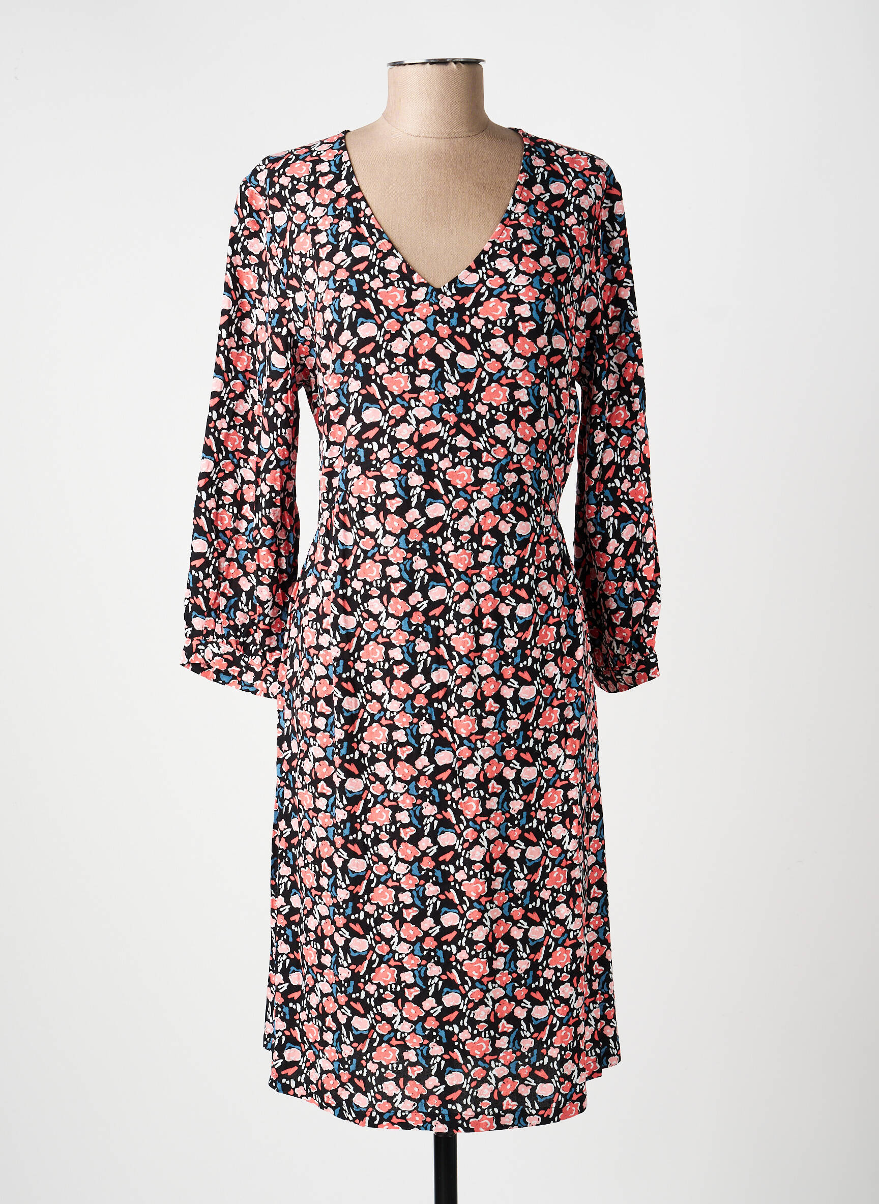 Robe mi-longue imprimé fleurs manches longues noir LA FIANCÉE femme