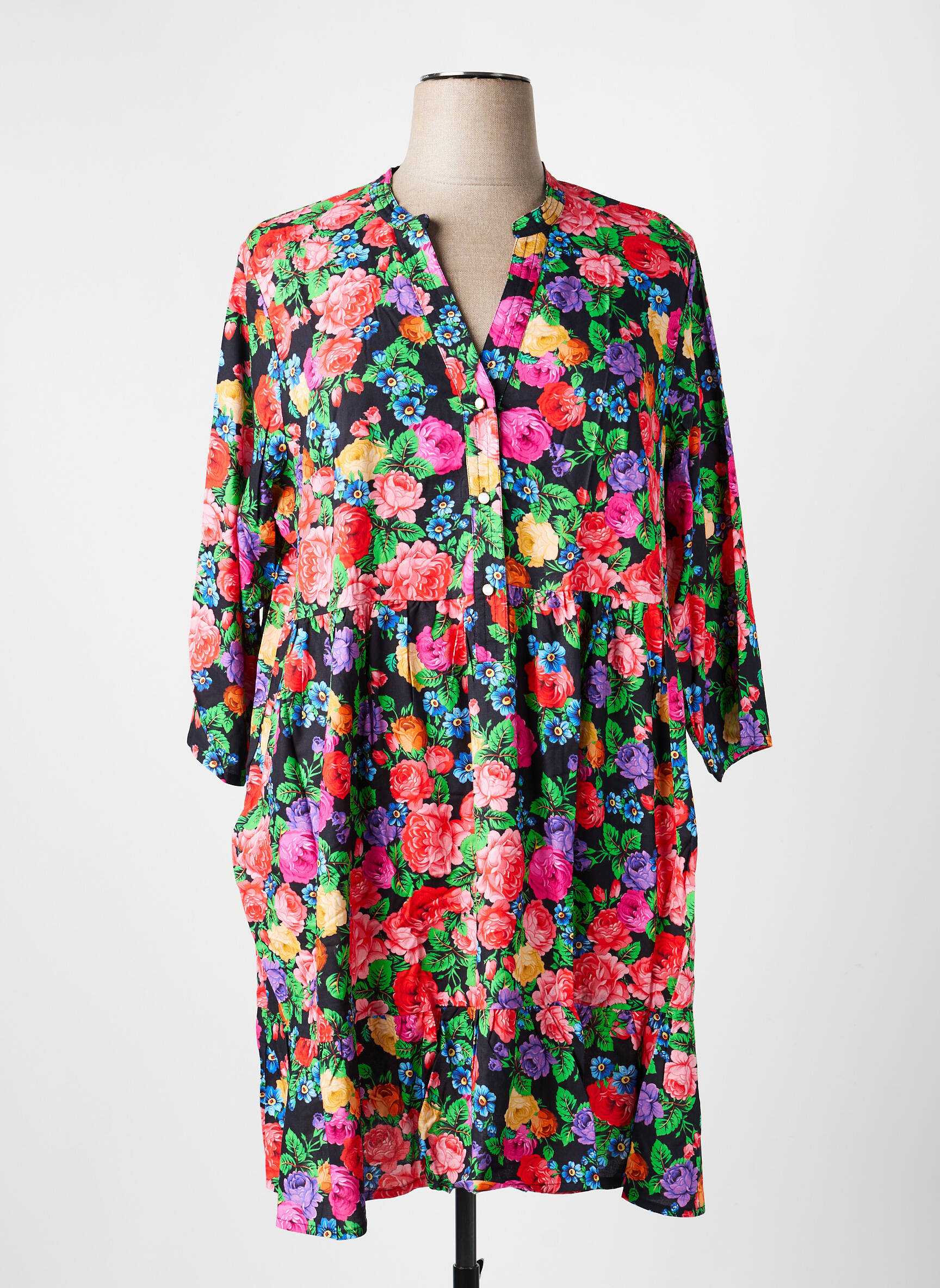 Robe mi-longue imprimé fleurs manches 3/4 noir LA FIANCÉE femme