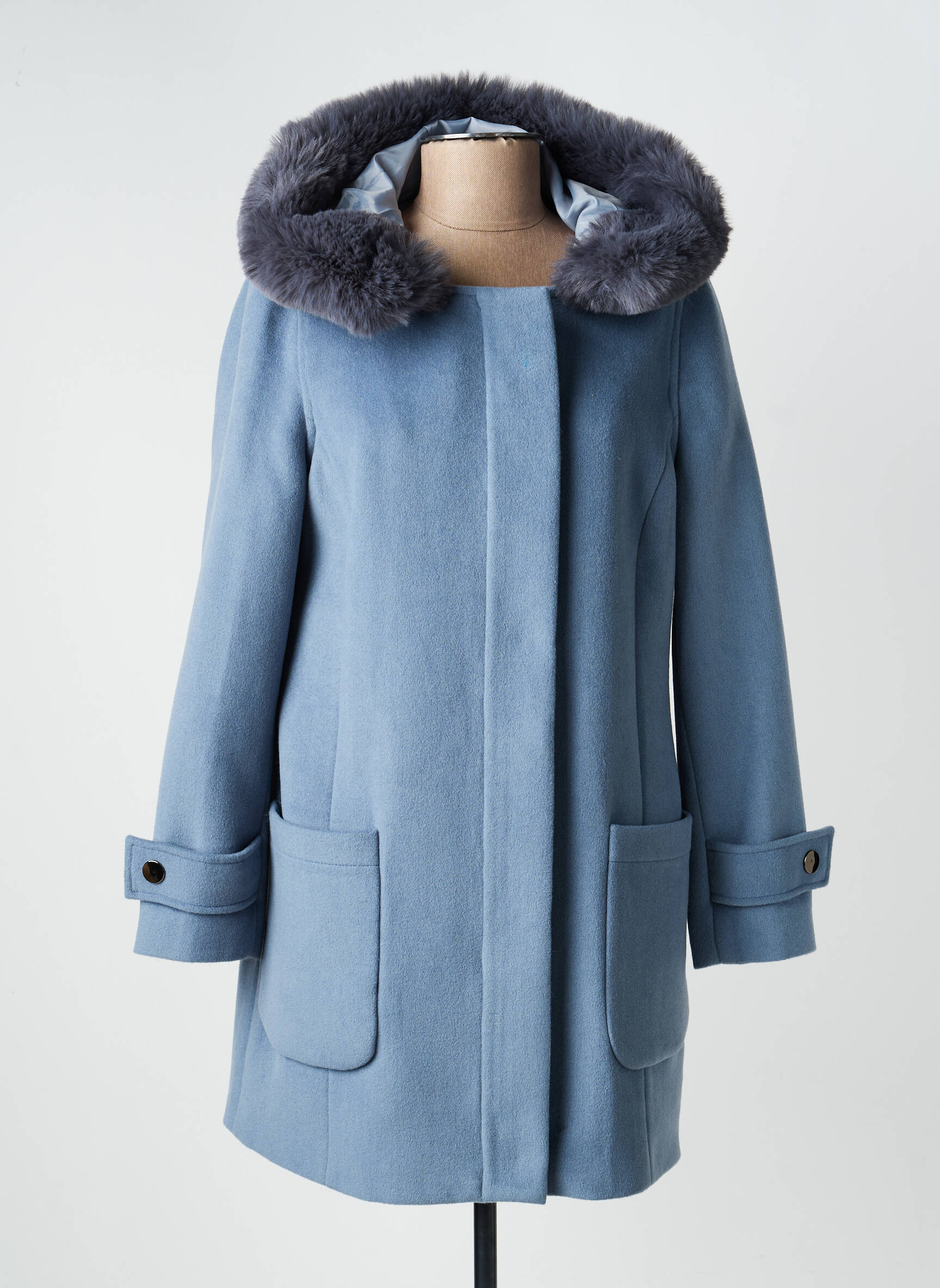 Manteau long coupe droite a capuche bleu GUY DUBOUIS femme