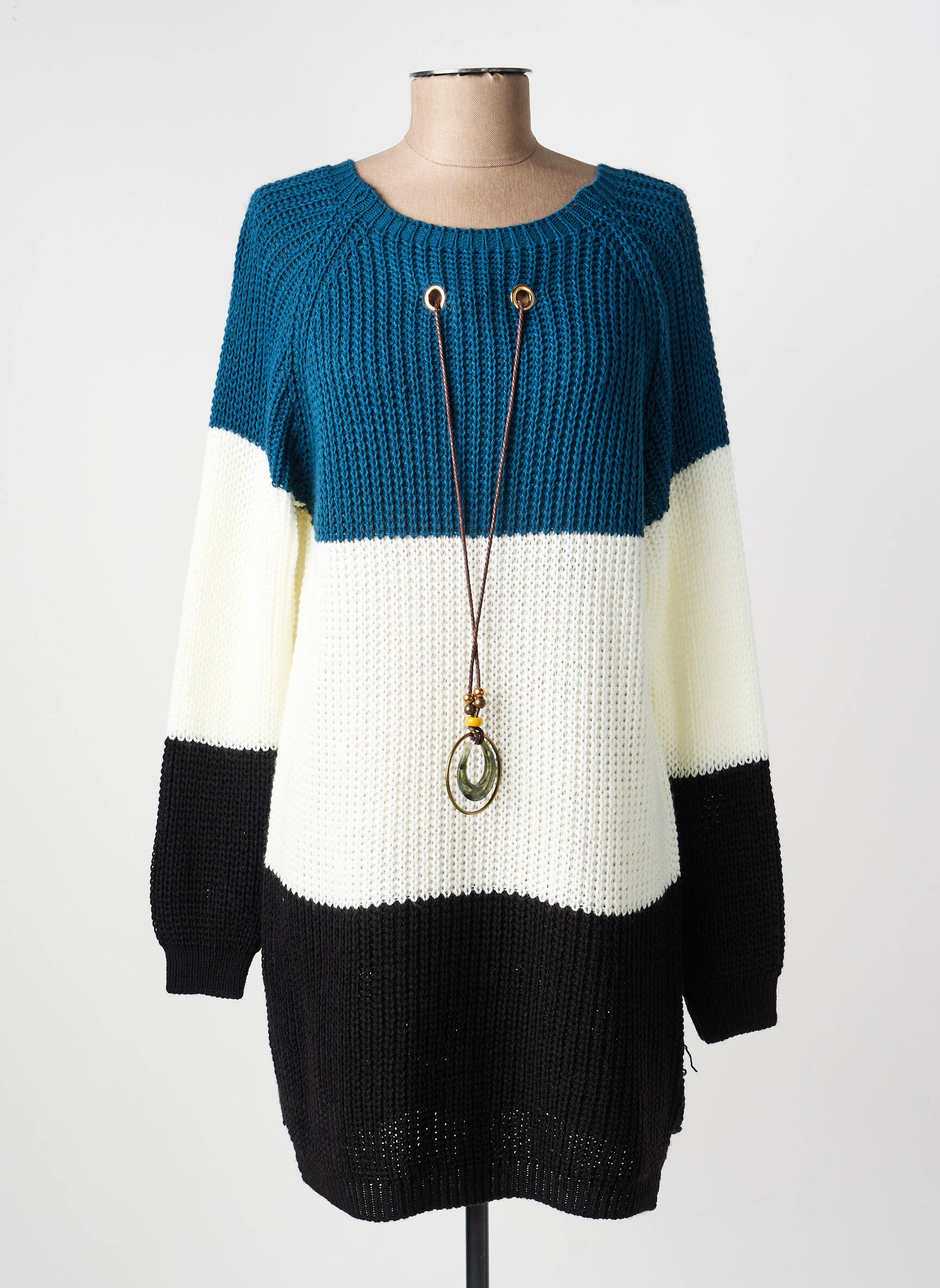 Pull tunique col rond manches longues bleu COULEURS DU TEMPS femme