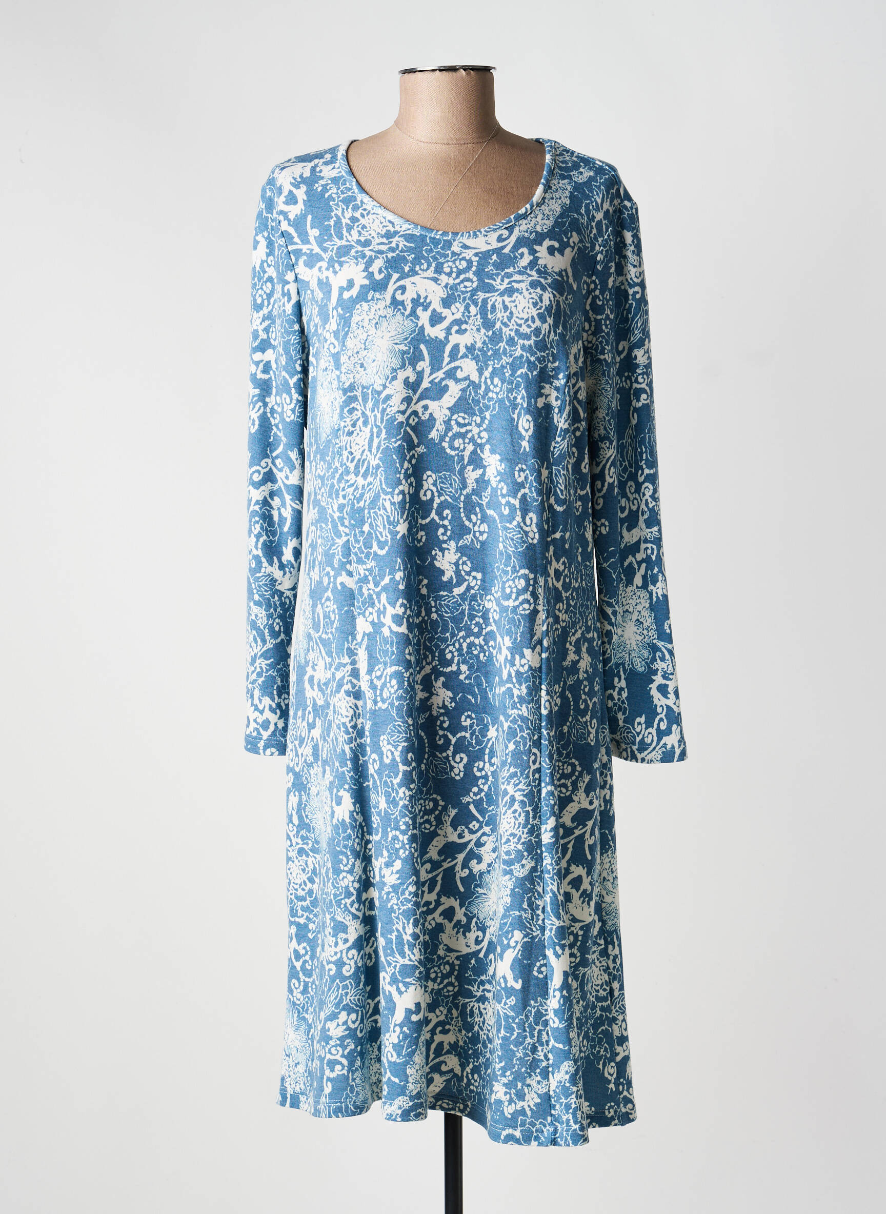 Robe mi-longue coupe fluide manches longues bleu GUY DUBOUIS femme