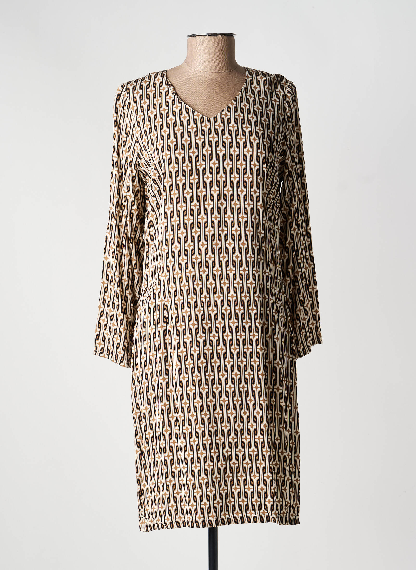 Robe mi-longue imprimé fantaisie manches longues beige GUY DUBOUIS femme