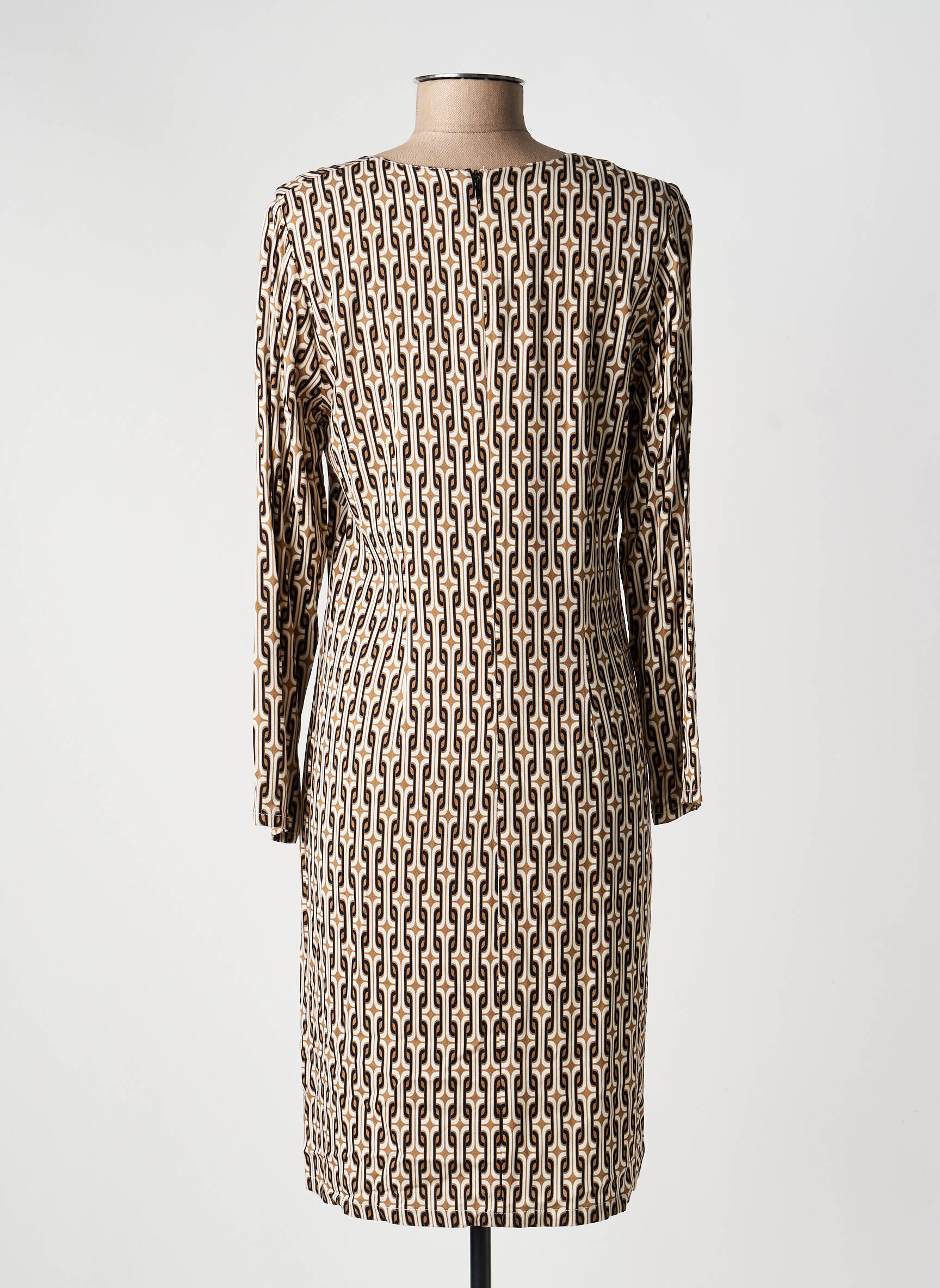 Robe mi-longue imprimé fantaisie manches longues beige GUY DUBOUIS femme