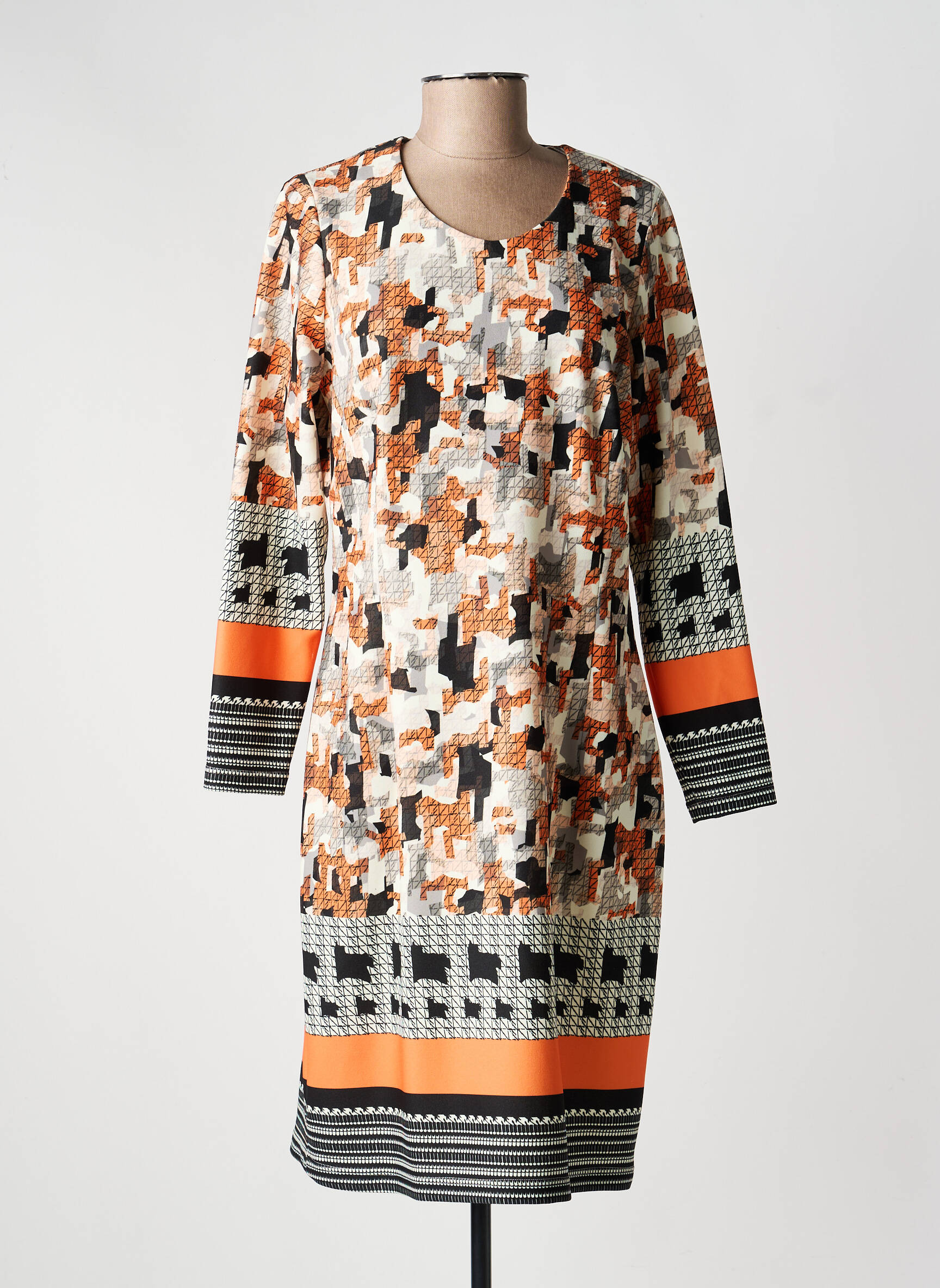 Robe mi-longue imprimé fantaisie manches longues orange GUY DUBOUIS femme