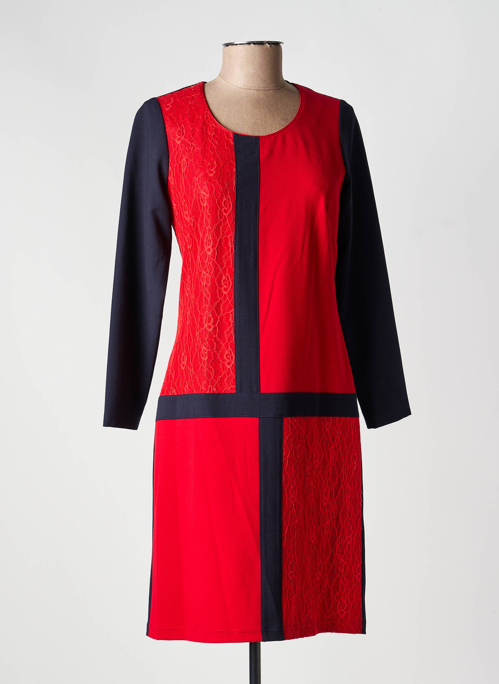 Robe mi-longue imprimé fantaisie manches longues rouge GUY DUBOUIS femme