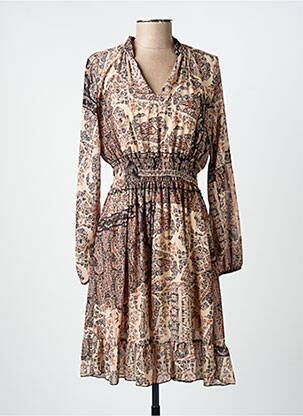 Robe mi-longue imprimé fantaisie manches longues beige COULEURS DU TEMPS femme