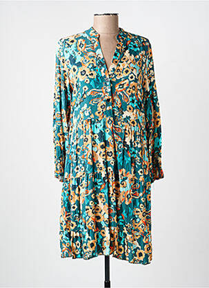 Robe mi-longue imprimé fantaisie manches longues vert COULEURS DU TEMPS femme