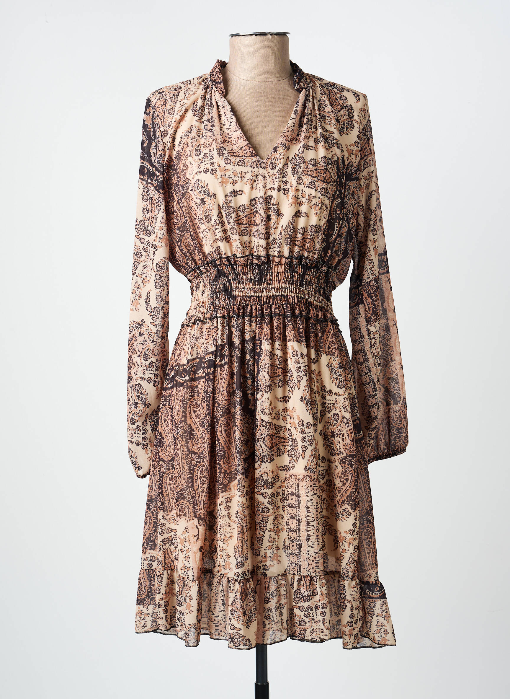 Robe mi-longue imprimé fantaisie manches longues beige COULEURS DU TEMPS femme
