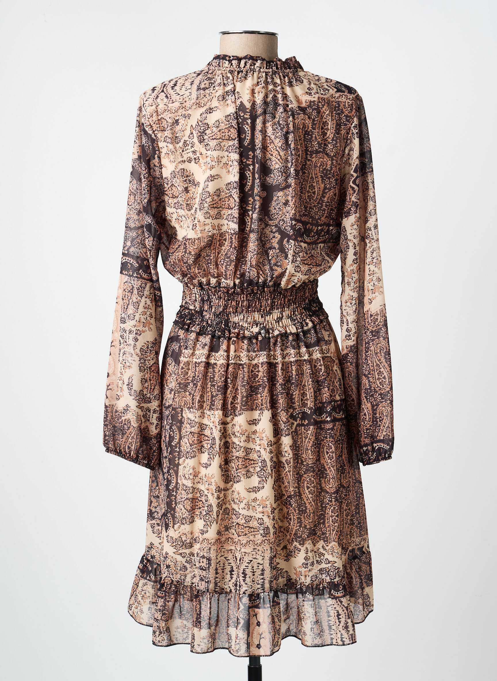Robe mi-longue imprimé fantaisie manches longues beige COULEURS DU TEMPS femme
