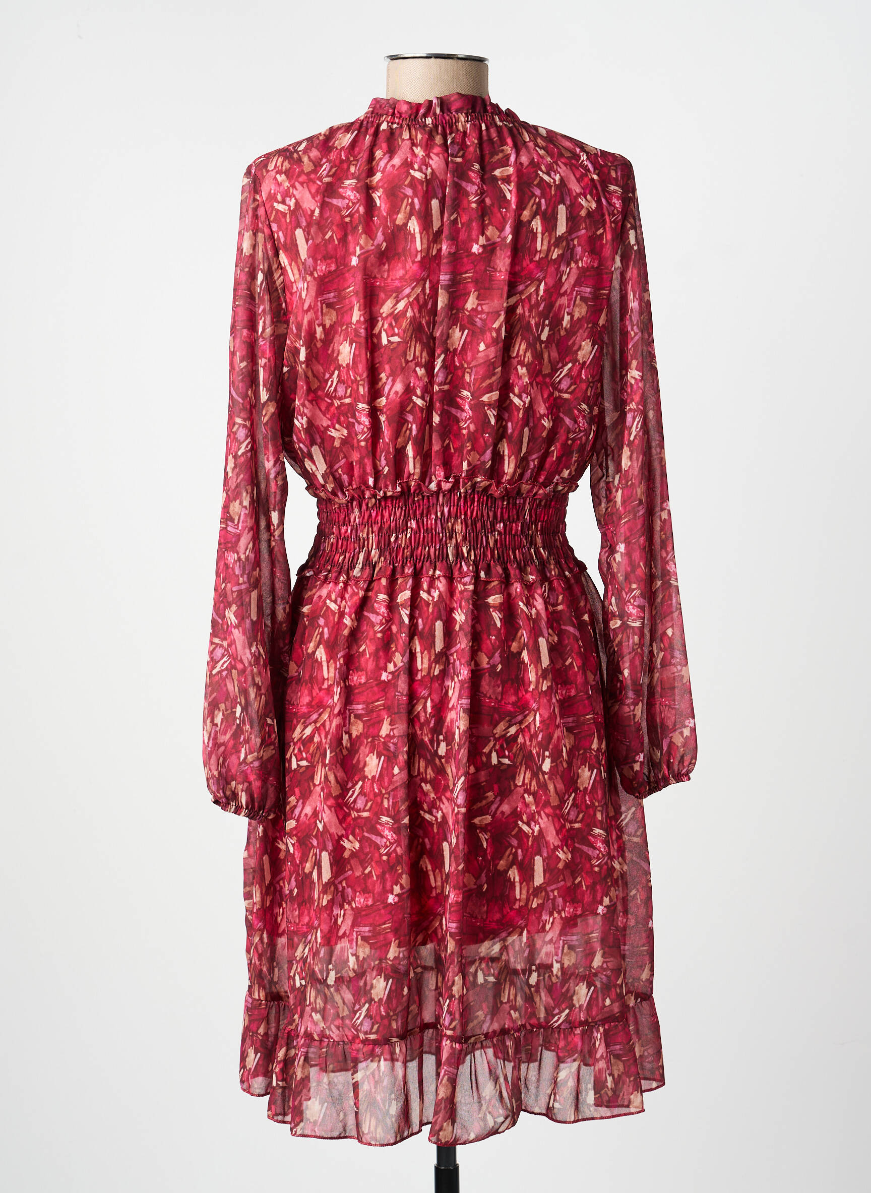 Robe mi-longue imprimé fantaisie manches longues rouge COULEURS DU TEMPS femme