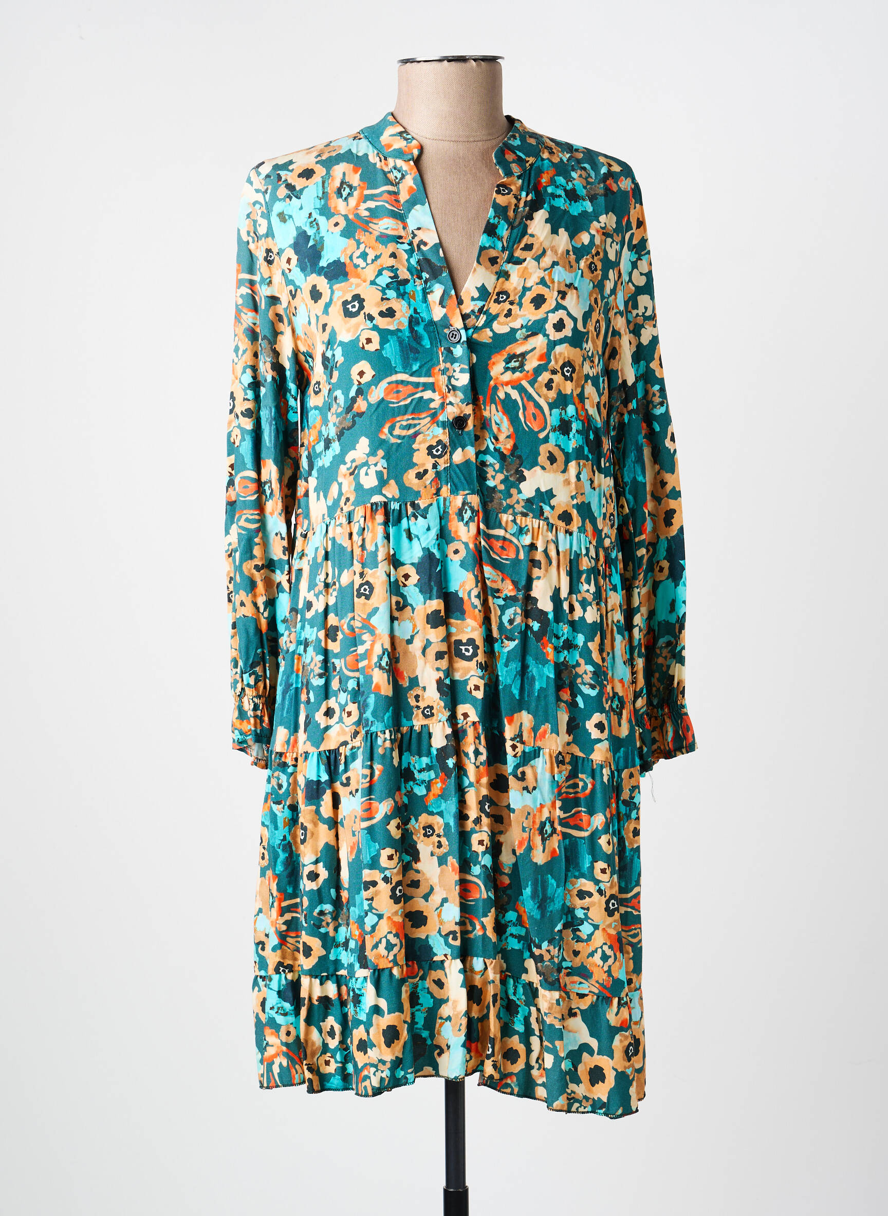 Robe mi-longue imprimé fantaisie manches longues vert COULEURS DU TEMPS femme