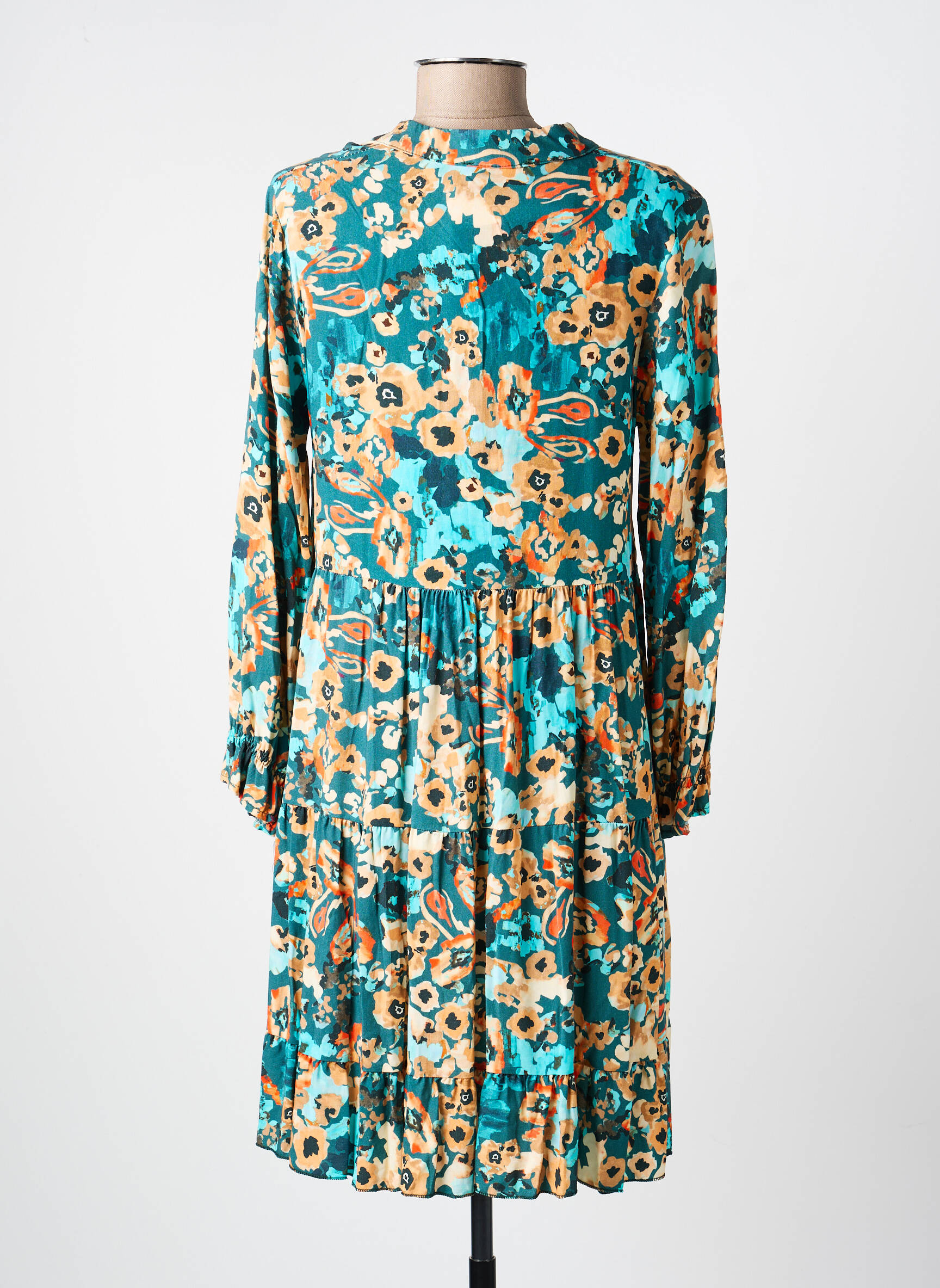 Robe mi-longue imprimé fantaisie manches longues vert COULEURS DU TEMPS femme