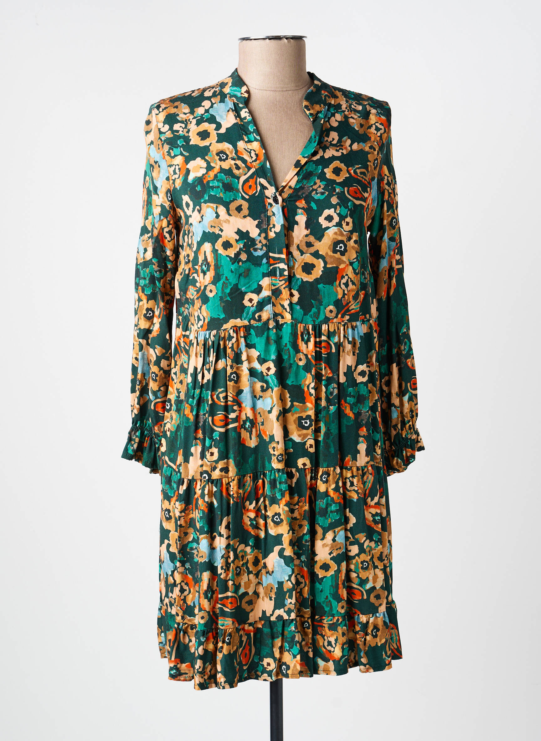Robe courte coupe évasée manches longues vert COULEURS DU TEMPS femme