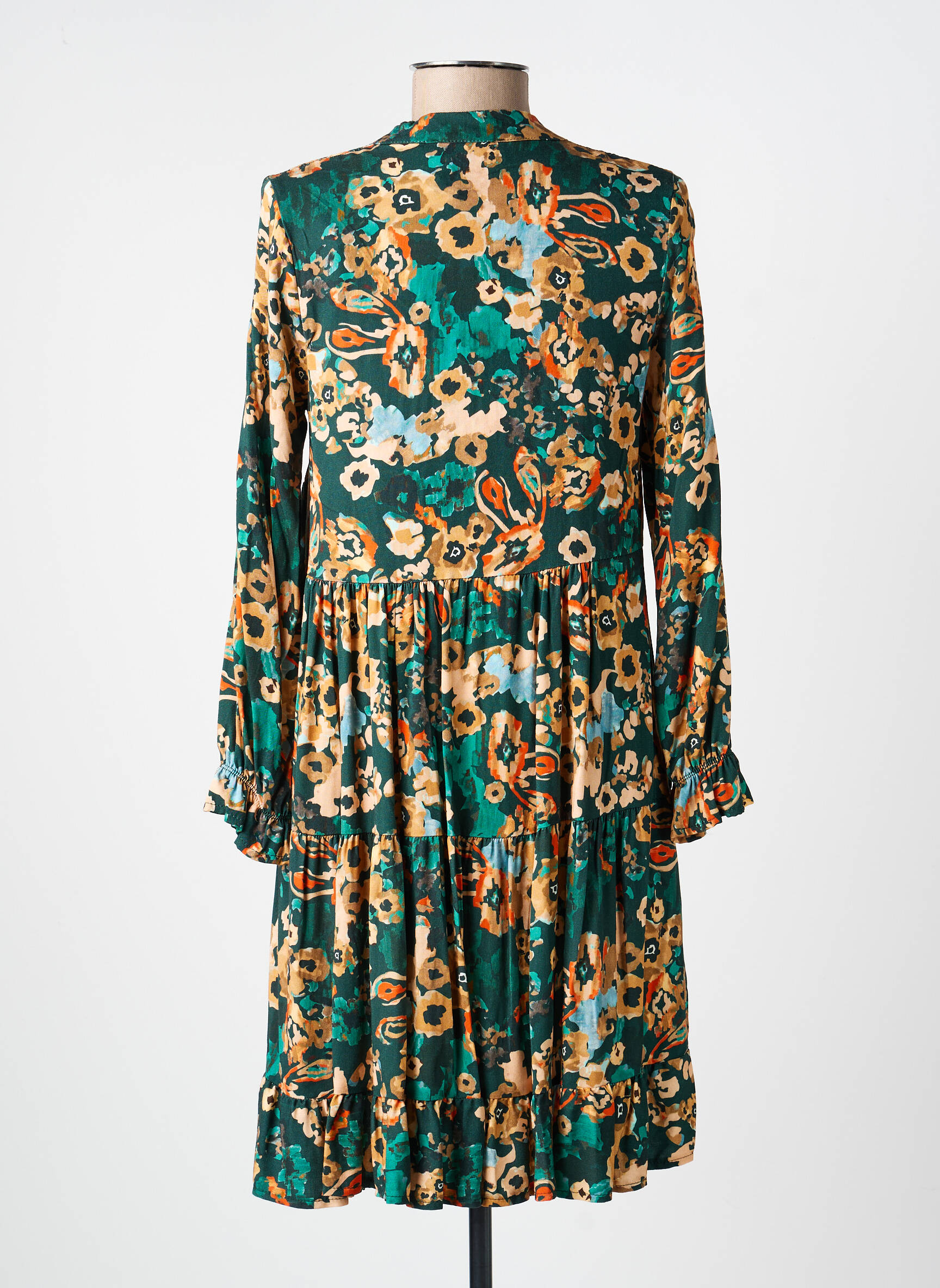 Robe courte coupe évasée manches longues vert COULEURS DU TEMPS femme