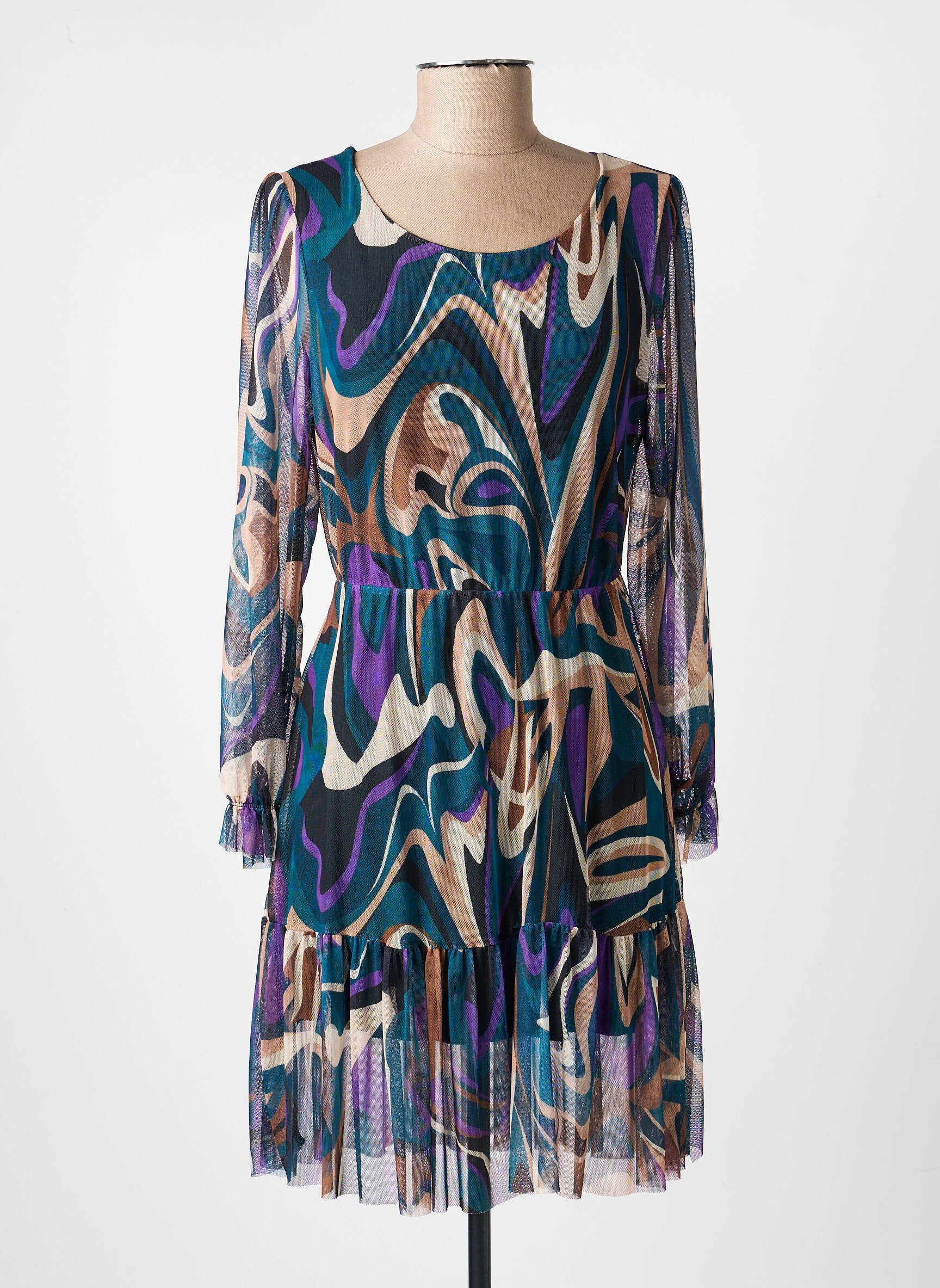 Robe courte coupe évasée manches longues vert COULEURS DU TEMPS femme