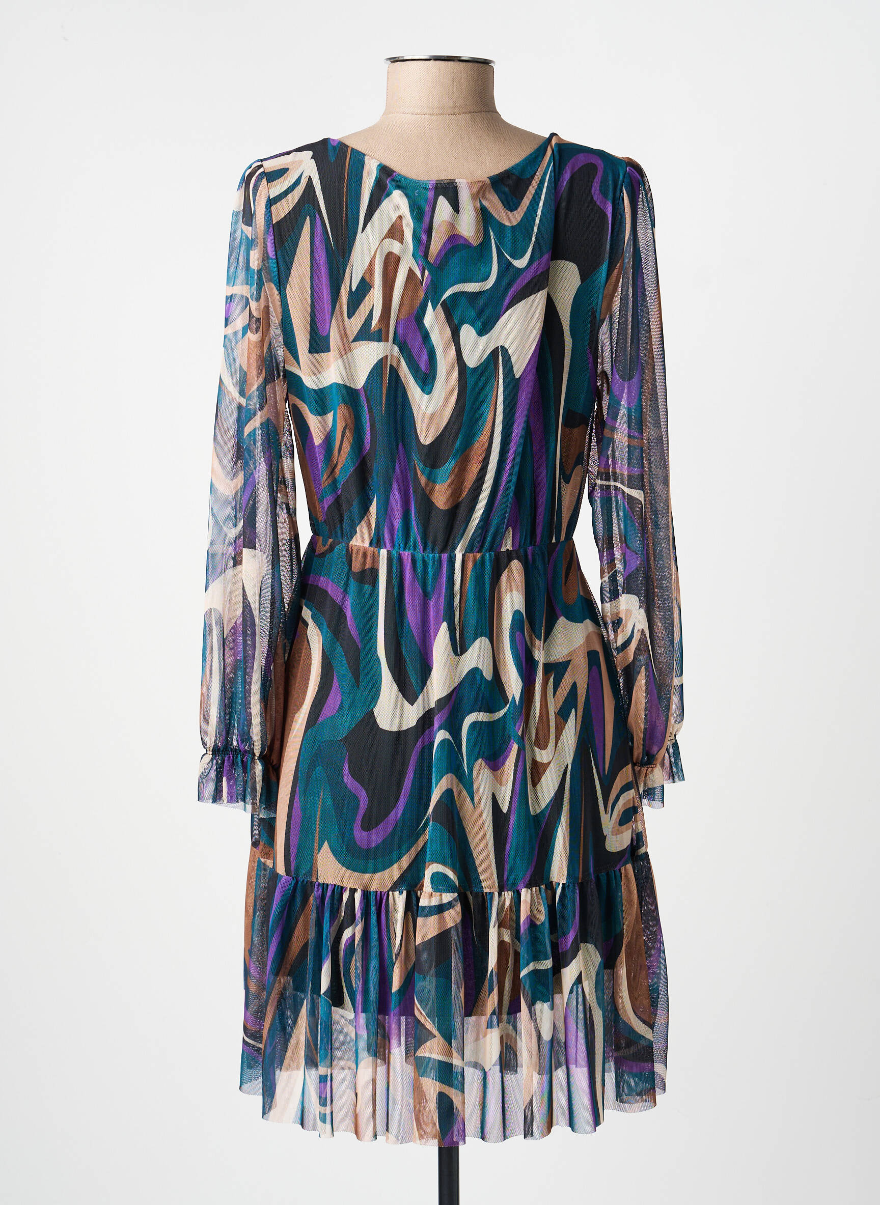 Robe courte coupe évasée manches longues vert COULEURS DU TEMPS femme
