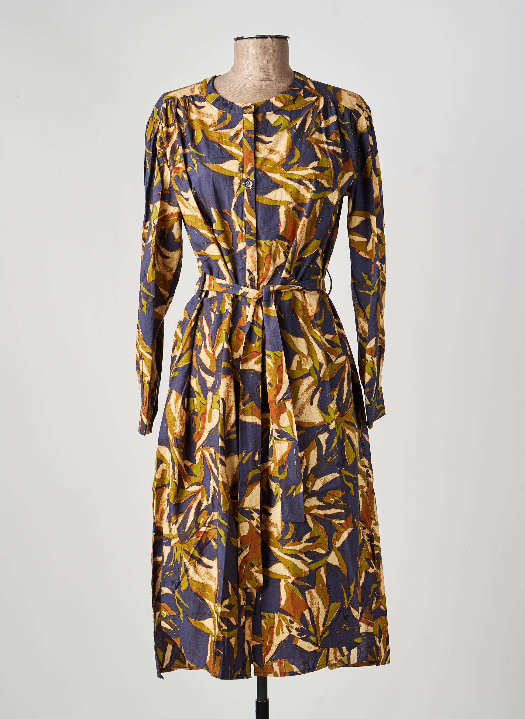 Robe mi-longue imprimé fantaisie manches longues bleu ORFEO femme