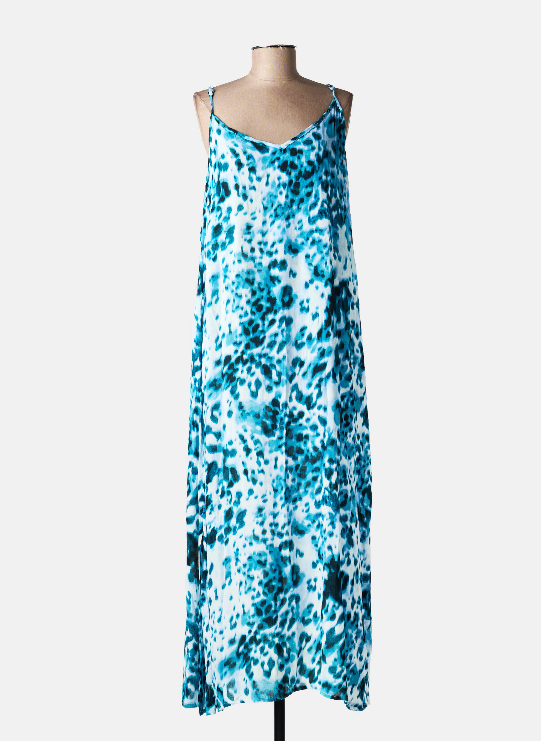 Robe longue imprimé fleurs fines bretelles bleu KAFFE femme