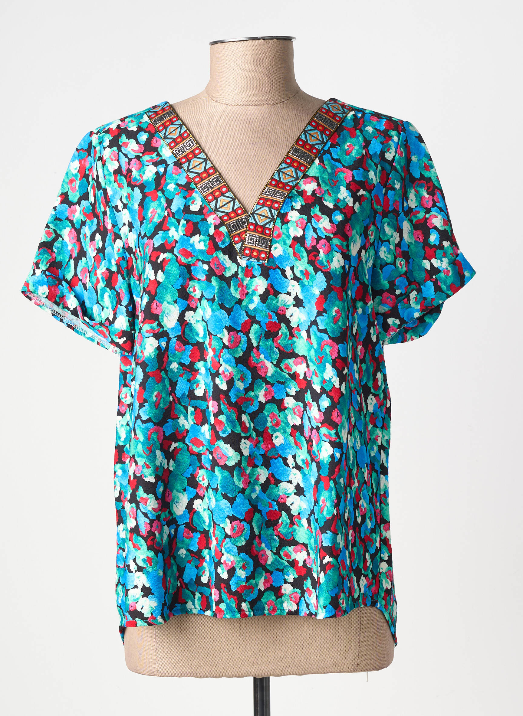 Blouse imprimé fleurs manches courtes bleu HALOGENE femme
