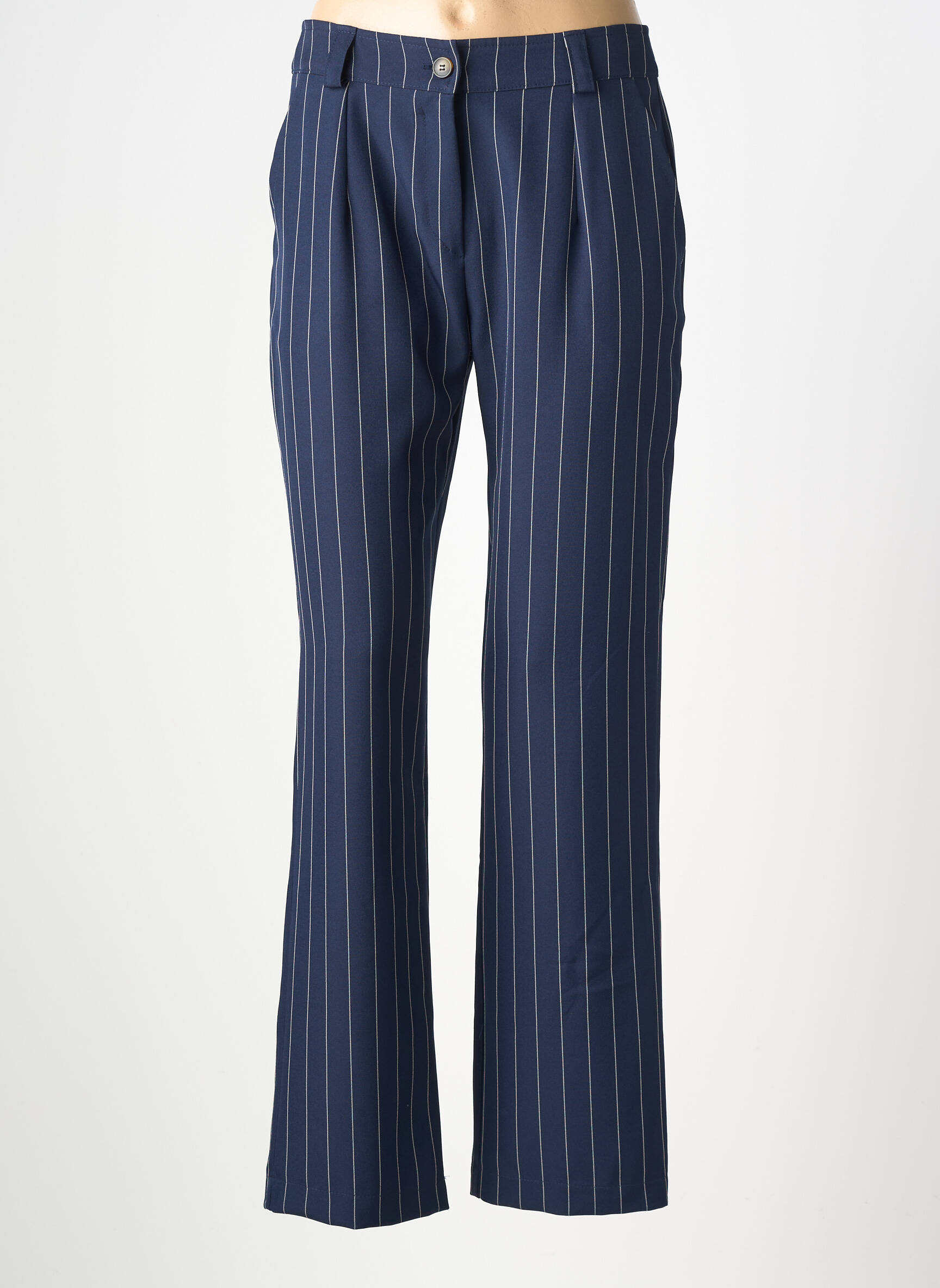 Pantalon droit fermeture zippée sous rabat boutonné bleu HALOGENE femme