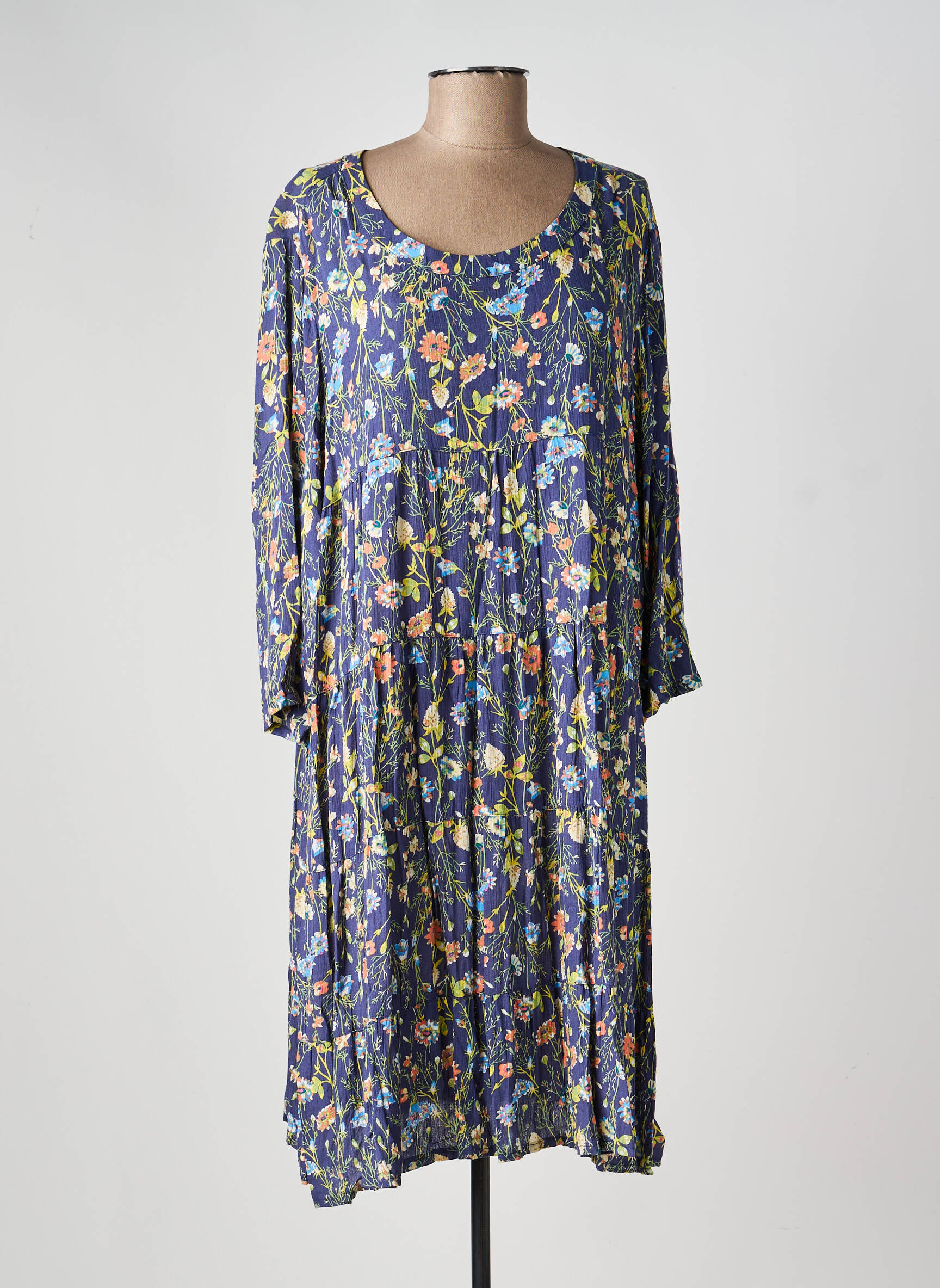 Robe mi-longue imprimé fleurs manches 3/4 bleu FREDA femme