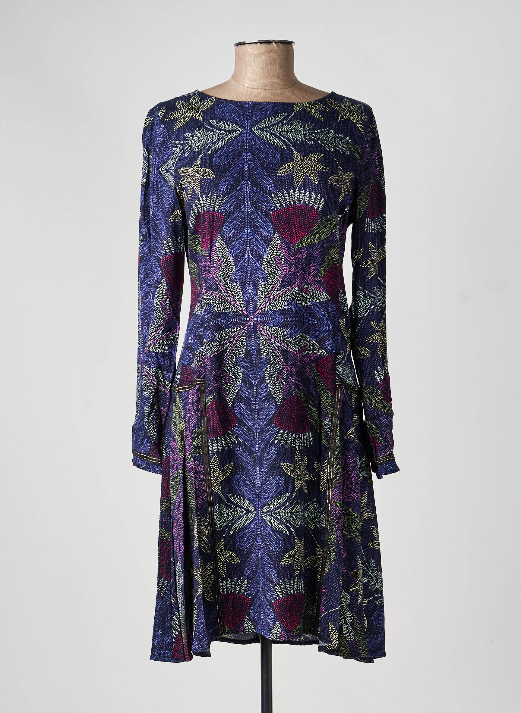 Robe mi-longue imprimé fleurs manches longues bleu SURKANA femme