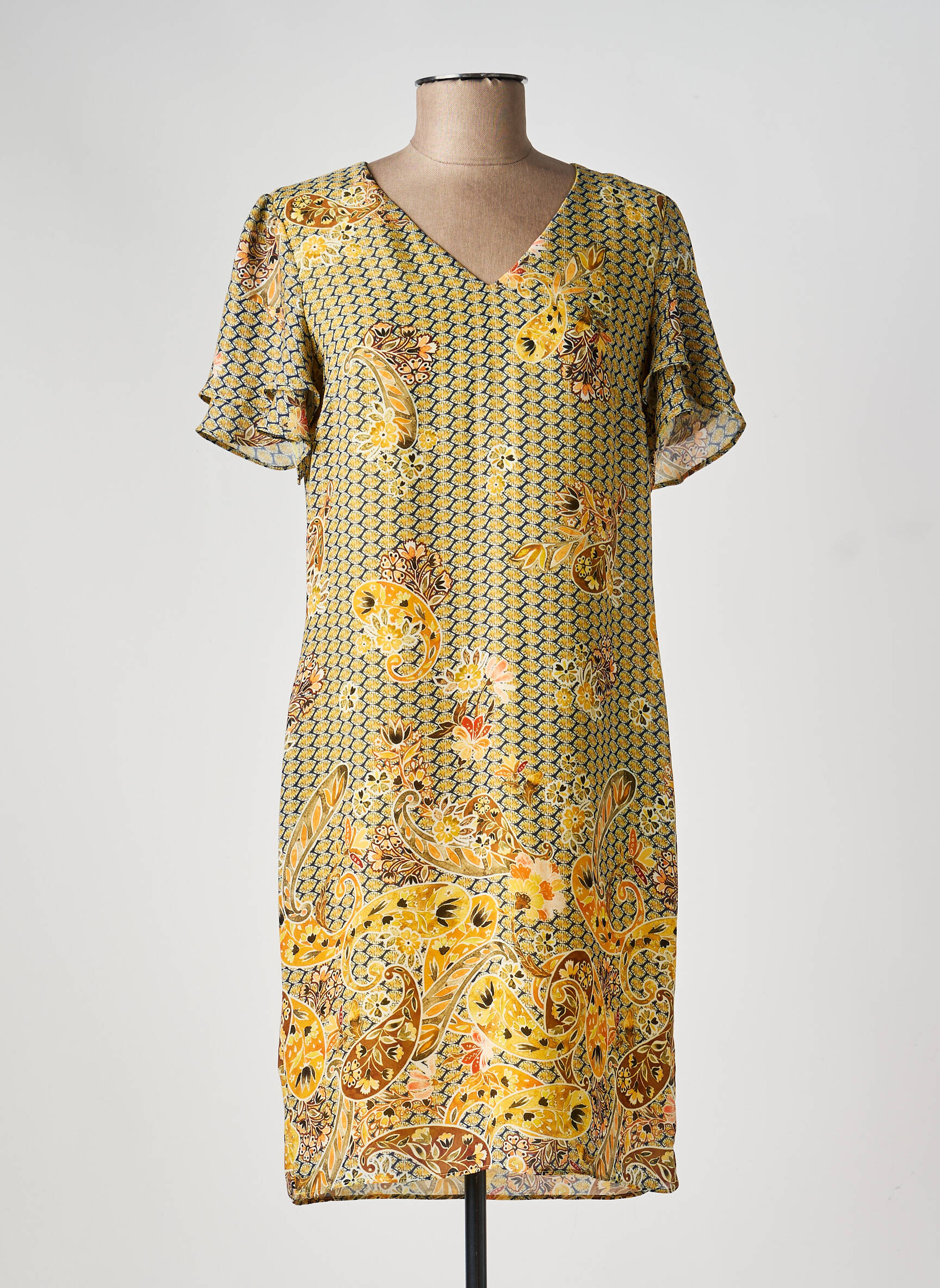 Robe mi-longue imprimé fleurs manches courtes jaune TINTA STYLE femme