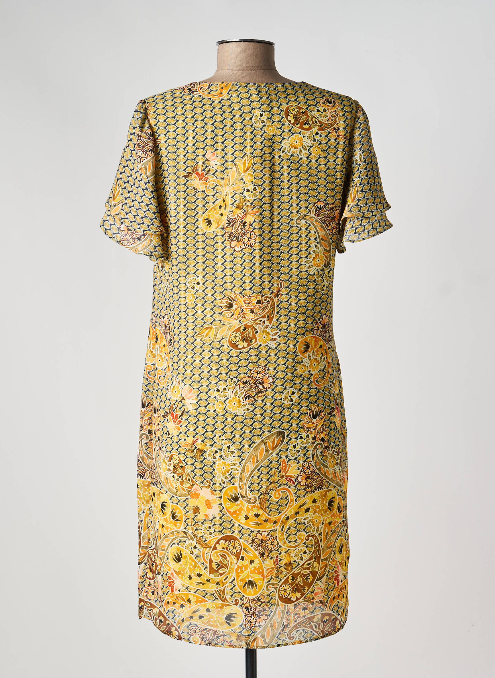 Robe mi-longue imprimé fleurs manches courtes jaune TINTA STYLE femme