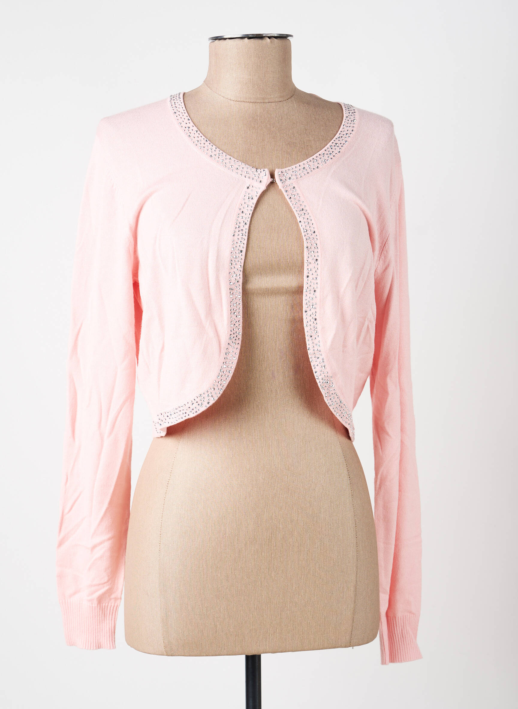 Gilet manches longues col rond rose FELINO femme