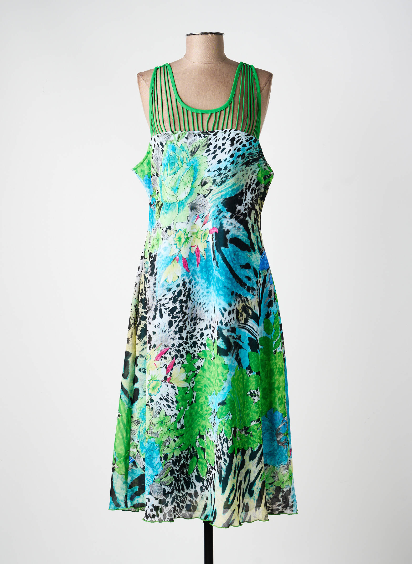 Robe longue imprimé fantaisie sans manche vert FELINO femme