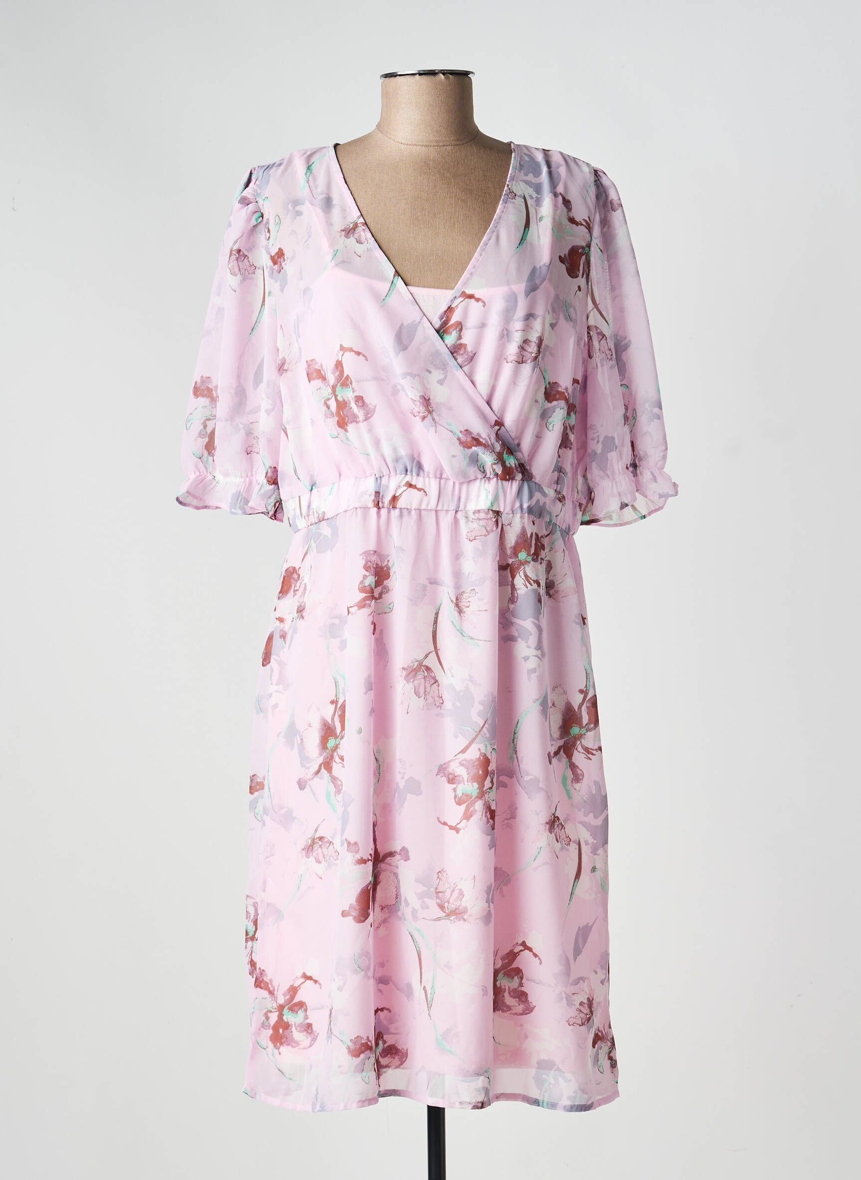 Robe mi-longue imprimé fleurs manches 3/4 rose MICHA femme