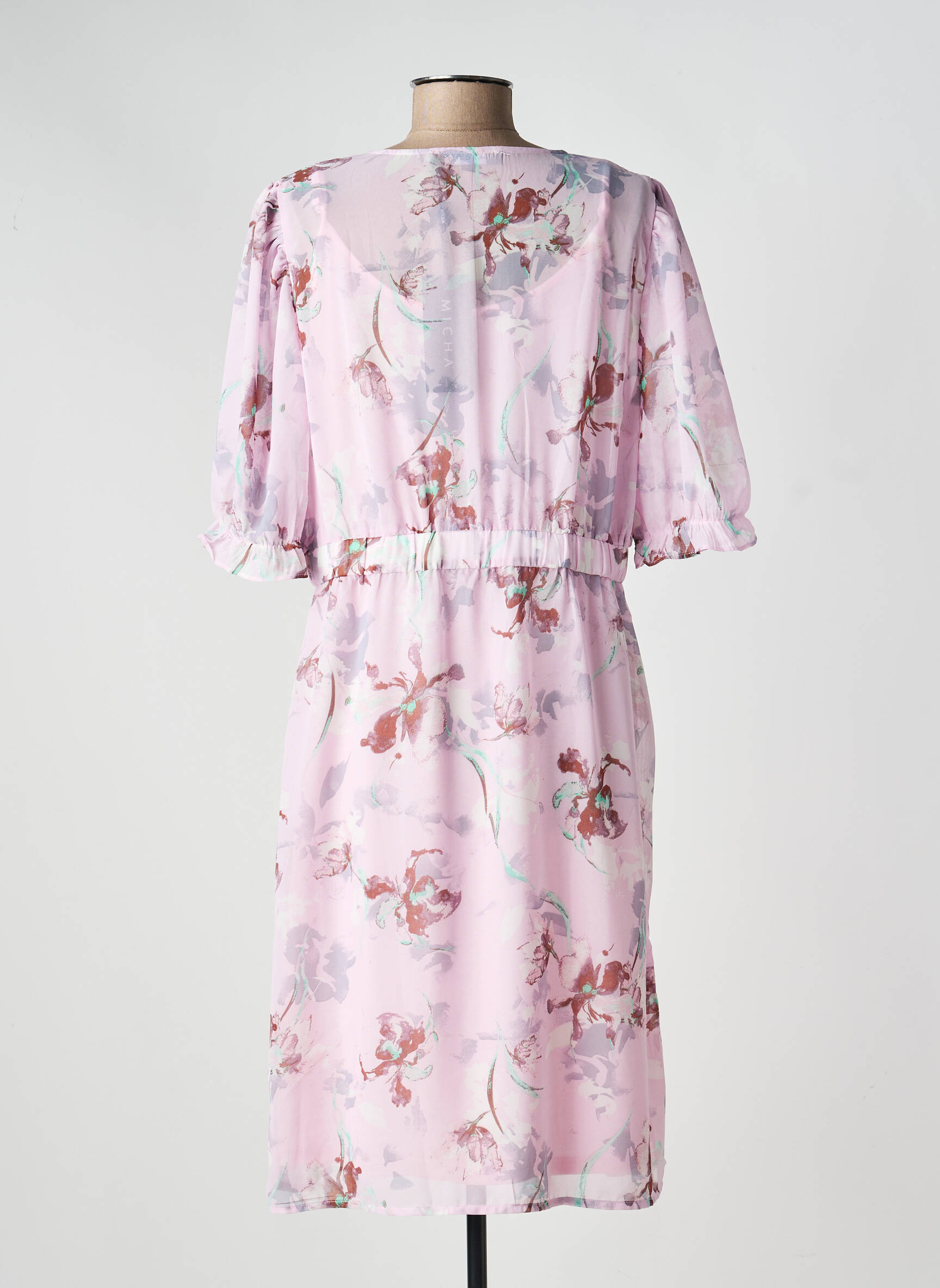 Robe mi-longue imprimé fleurs manches 3/4 rose MICHA femme