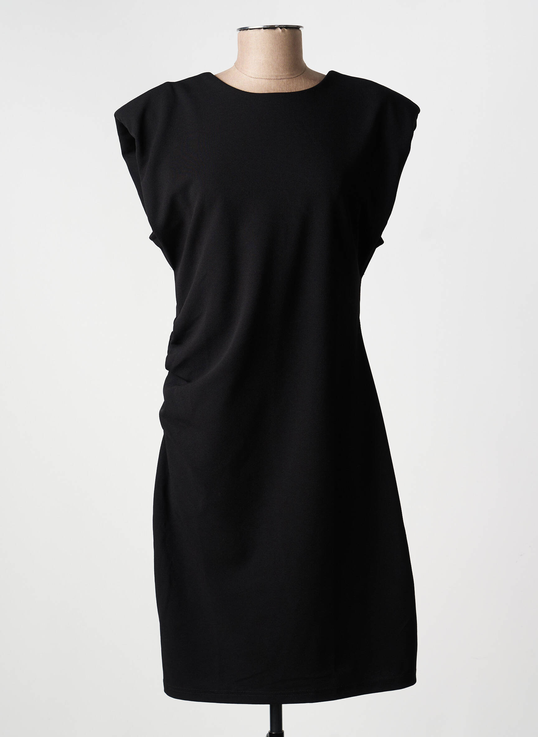 Robe mi-longue tissage crêpe manches courtes noir ICHI femme