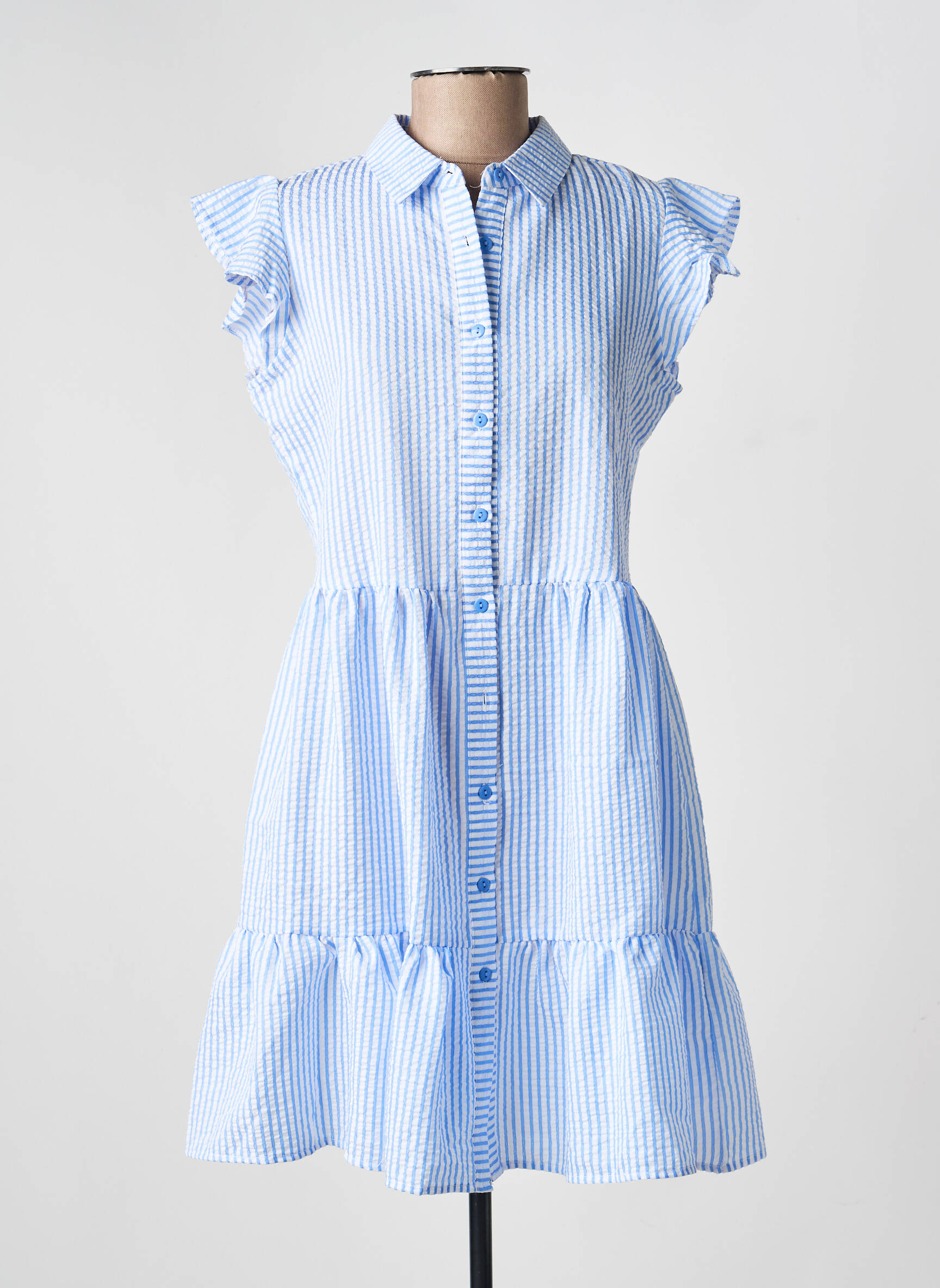 Robe mi-longue tissage crêpe manches courtes bleu YSABEL MORA femme