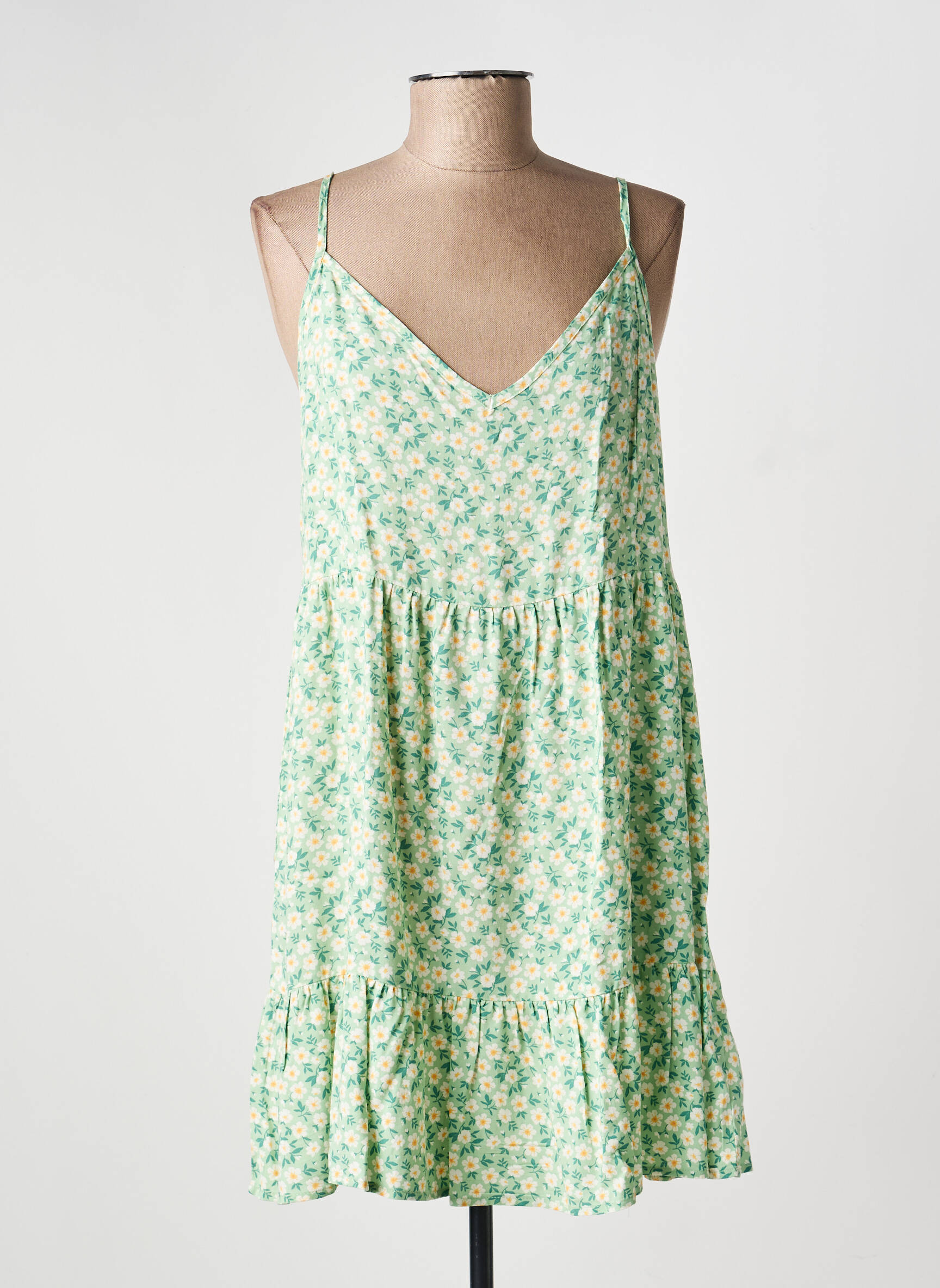 Robe mi-longue imprimé fleurs fines bretelles vert YSABEL MORA femme