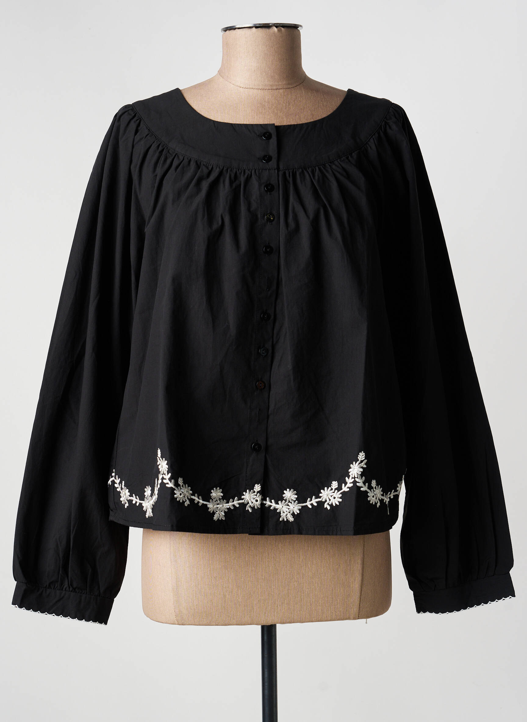 Chemisier tissage popeline manches longues noir ICHI femme