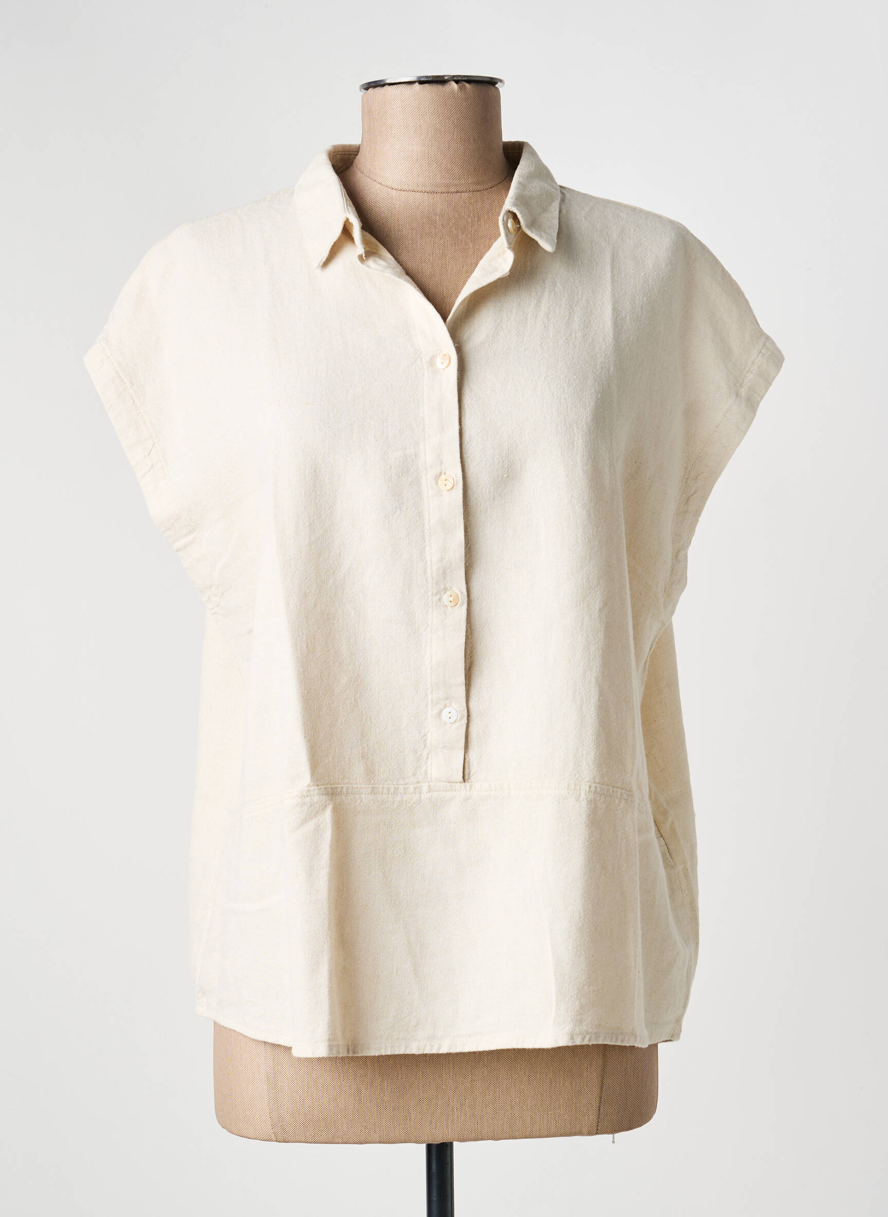Blouse tissage popeline manches courtes beige ICHI femme