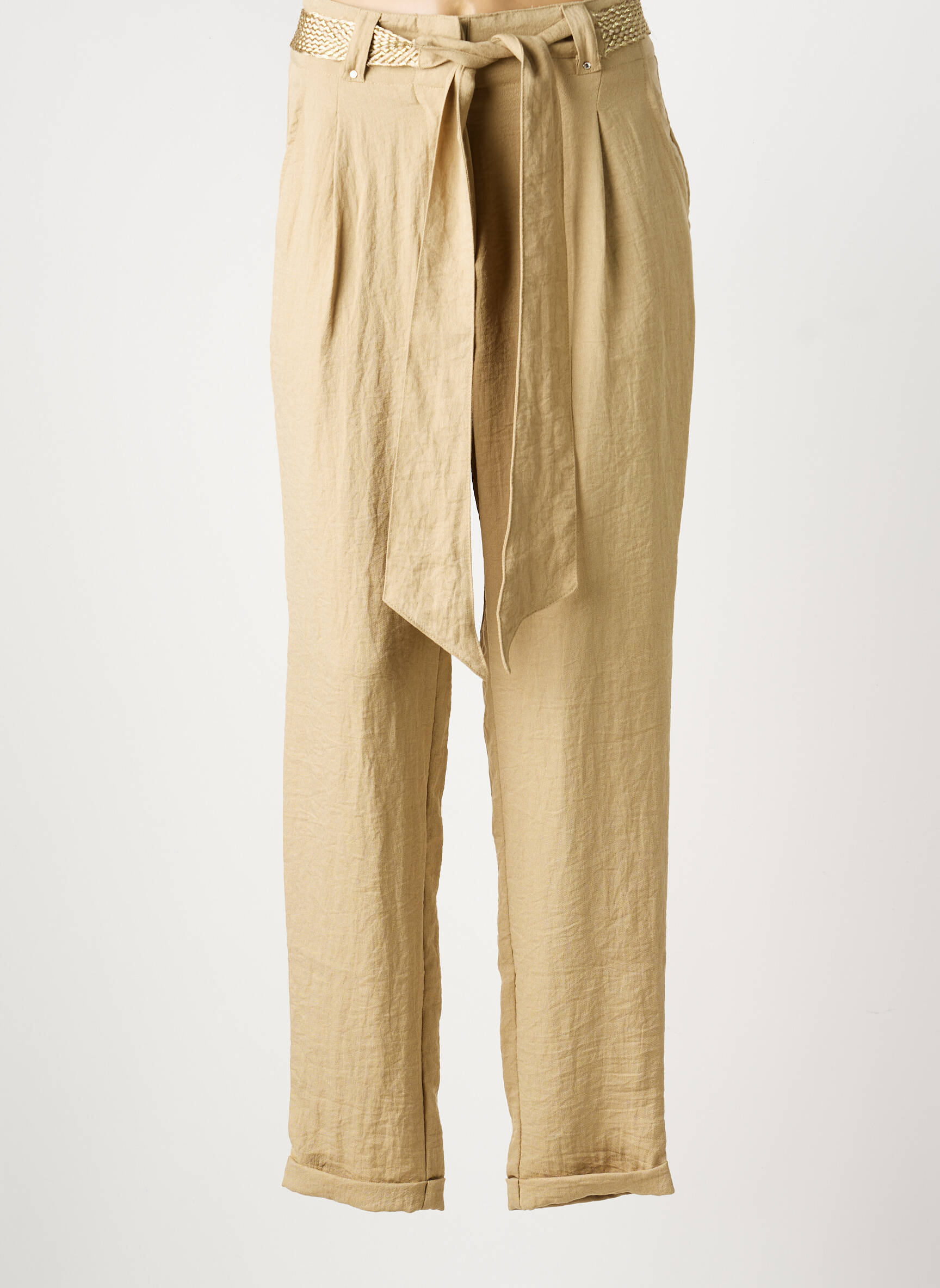 Pantalon droit fermeture zippée sous rabat avec crochet beige MORGAN femme
