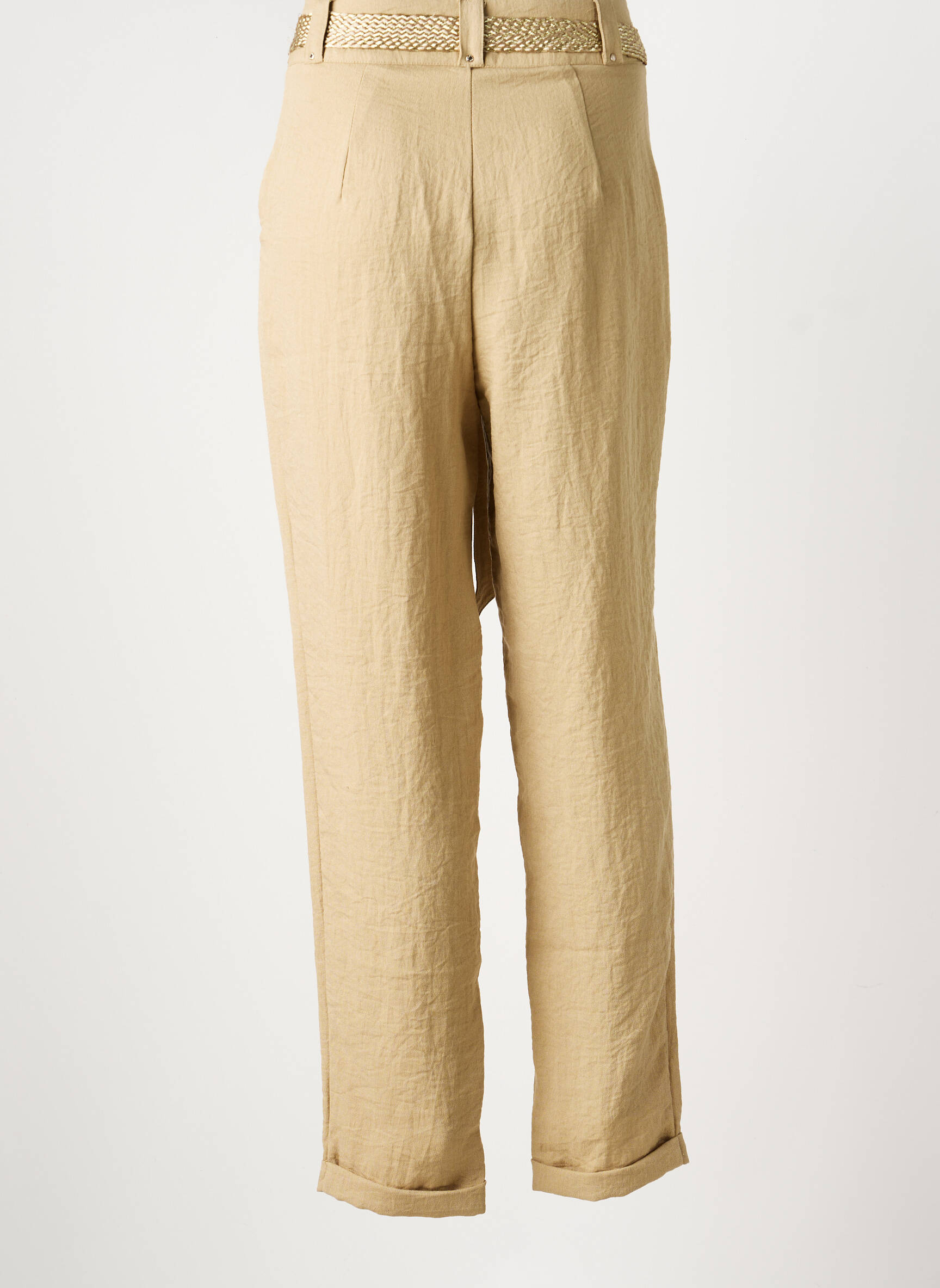 Pantalon droit fermeture zippée sous rabat avec crochet beige MORGAN femme
