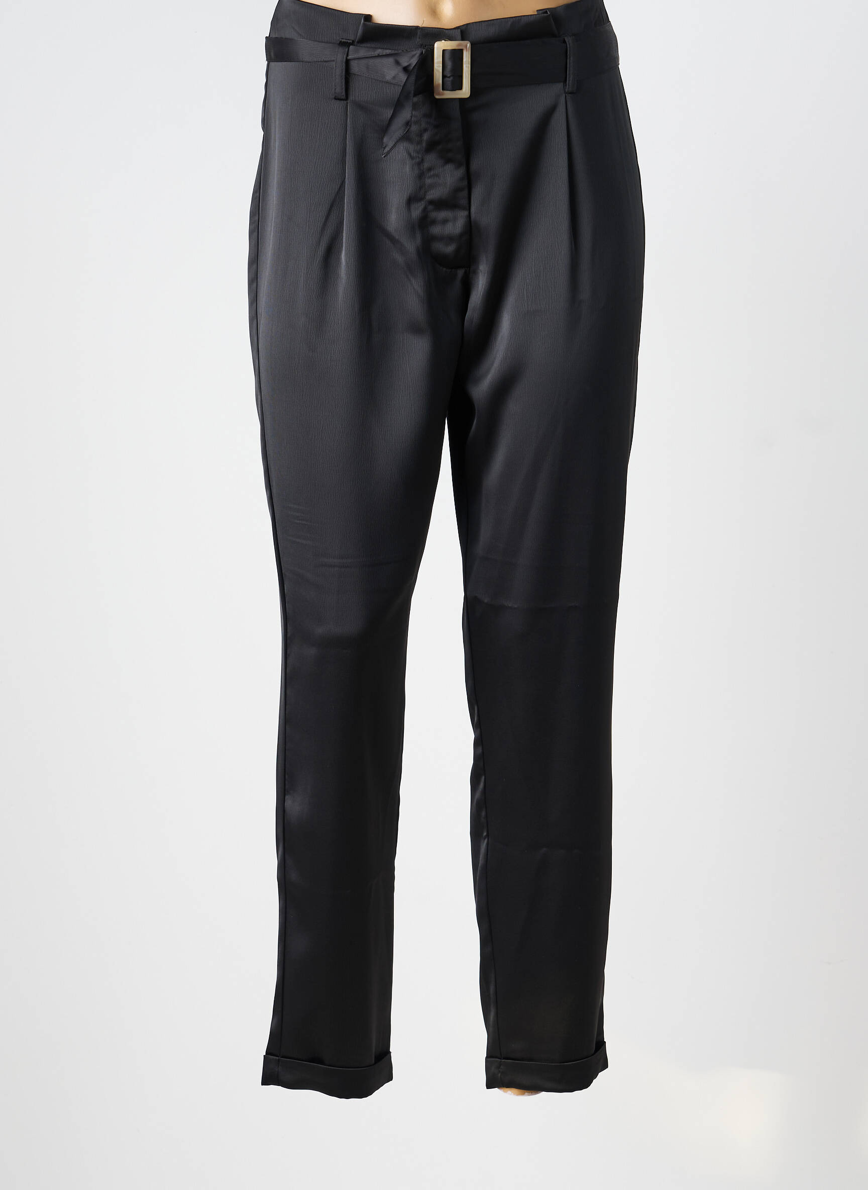 Pantalon droit fermeture zippée sous rabat boutonné noir LCDN femme