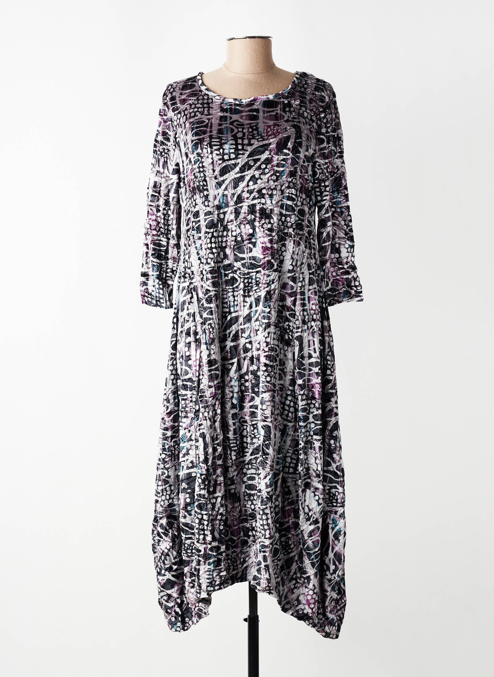 Robe longue imprimé fantaisie manches 3/4 gris KOZAN femme