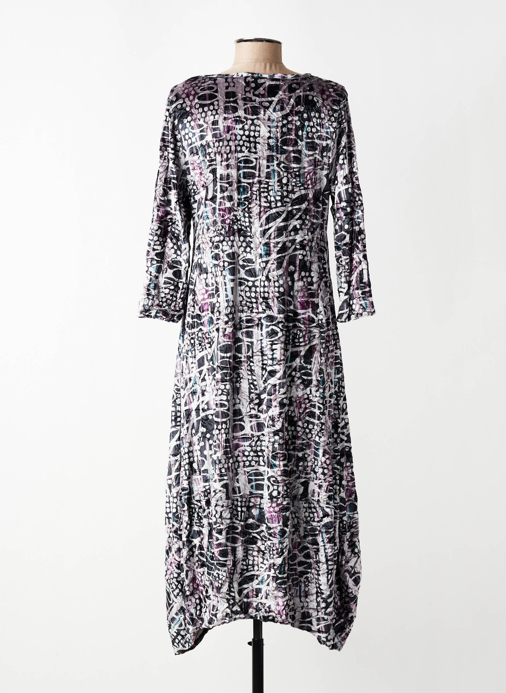 Robe longue imprimé fantaisie manches 3/4 gris KOZAN femme