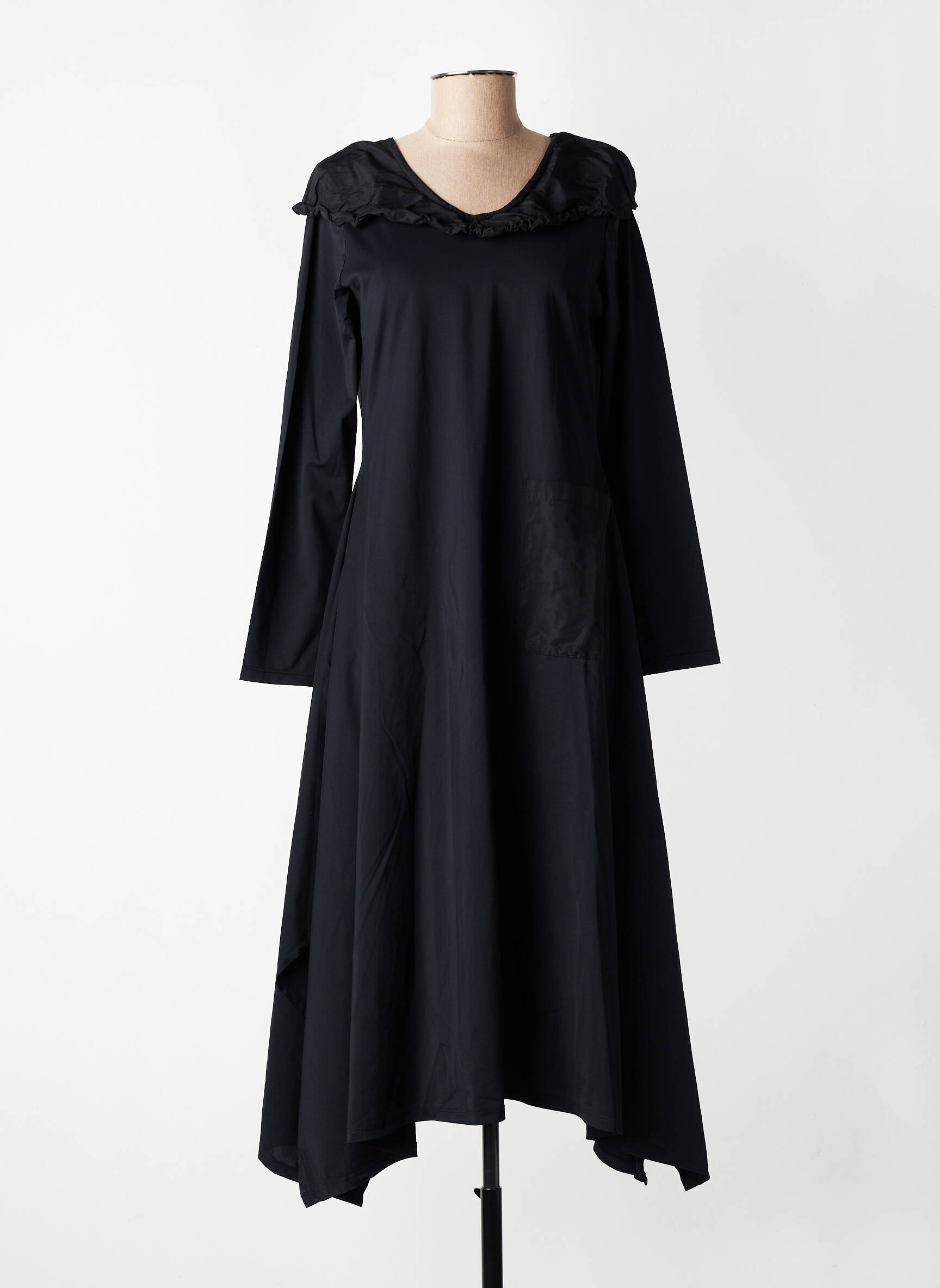 Robe mi-longue tissage crêpe manches longues noir KOZAN femme