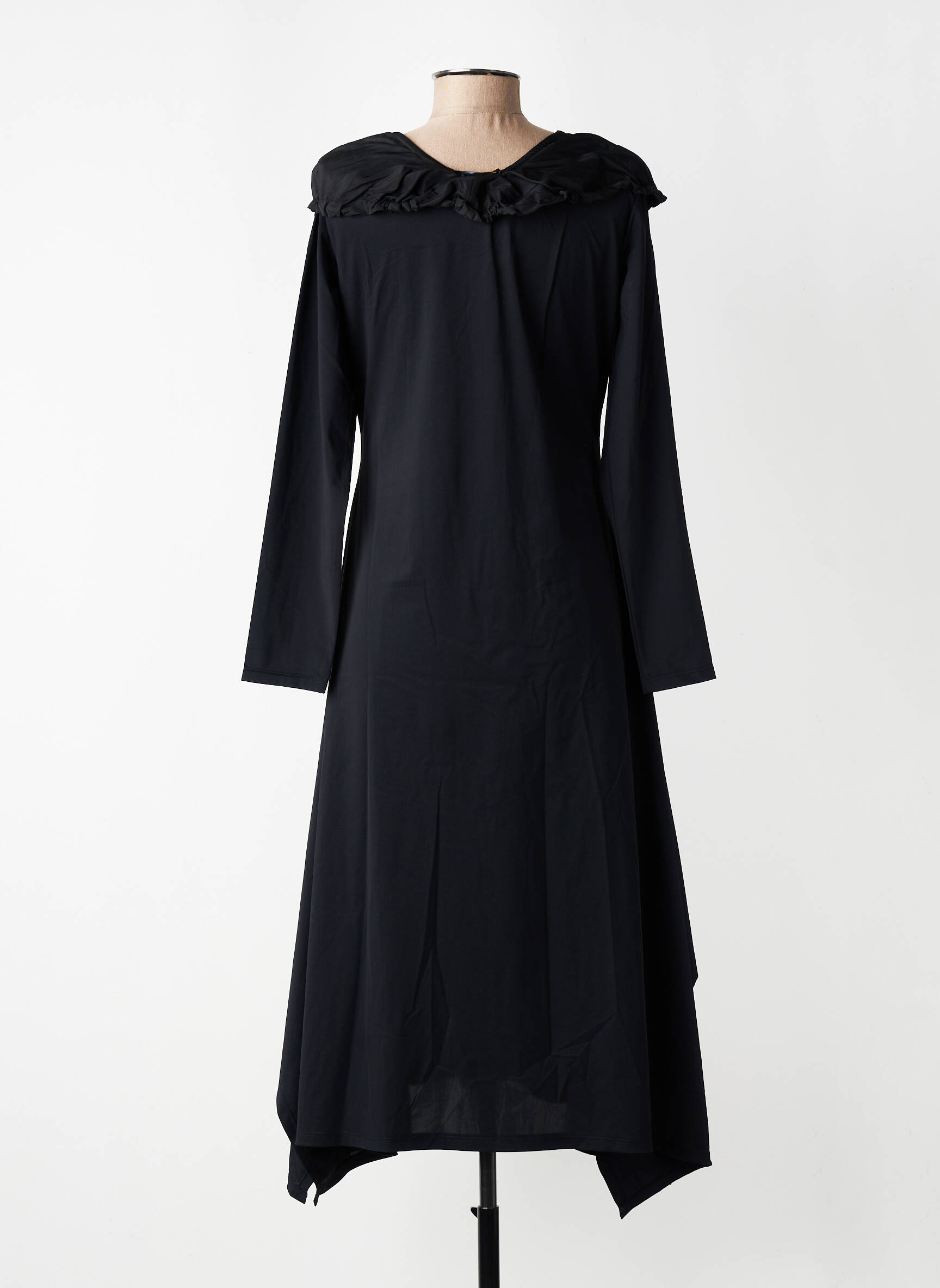 Robe mi-longue tissage crêpe manches longues noir KOZAN femme