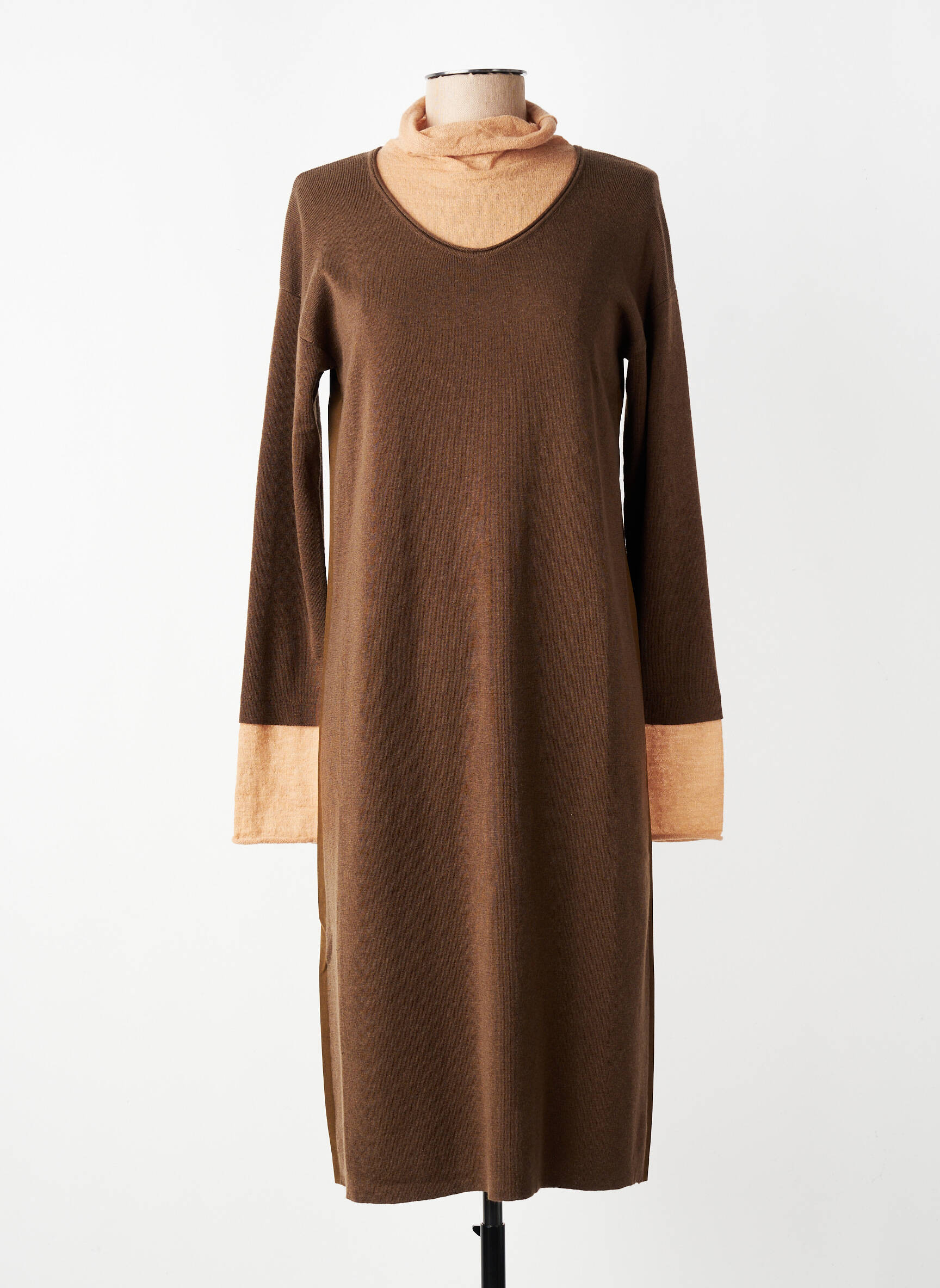 Robe mi-longue imprimé fantaisie manches longues marron CPC femme