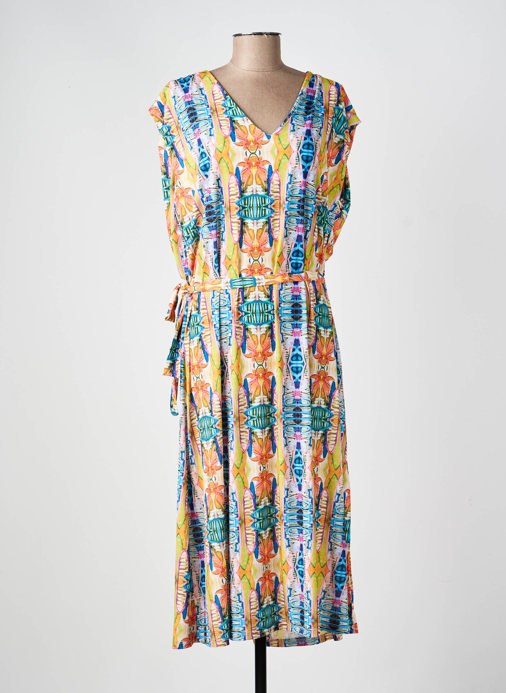 Robe mi-longue imprimé fantaisie manches courtes bleu TINTA STYLE femme