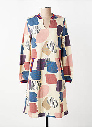 Robe mi-longue imprimé fantaisie manches longues beige MADE IN SENS femme