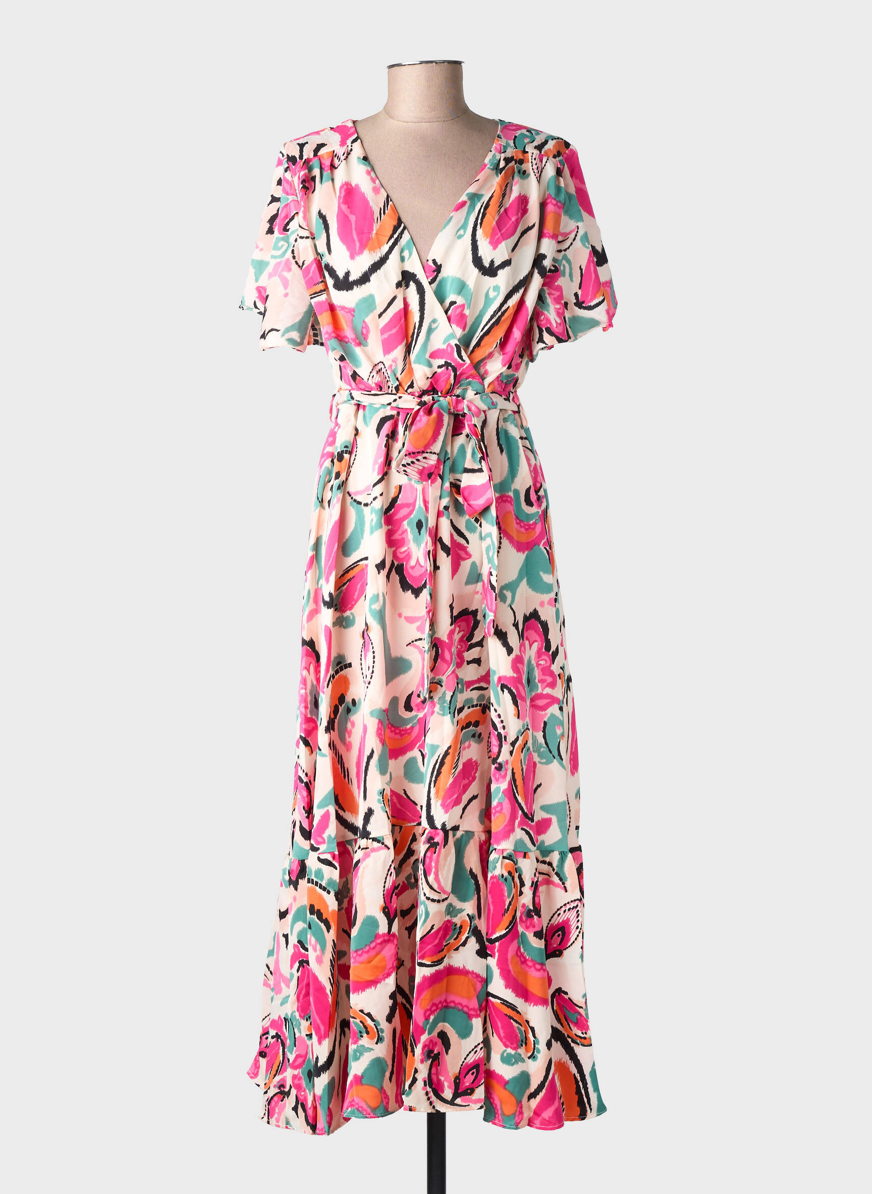 Robe longue manches courtes manches courtes rose LORIANE femme