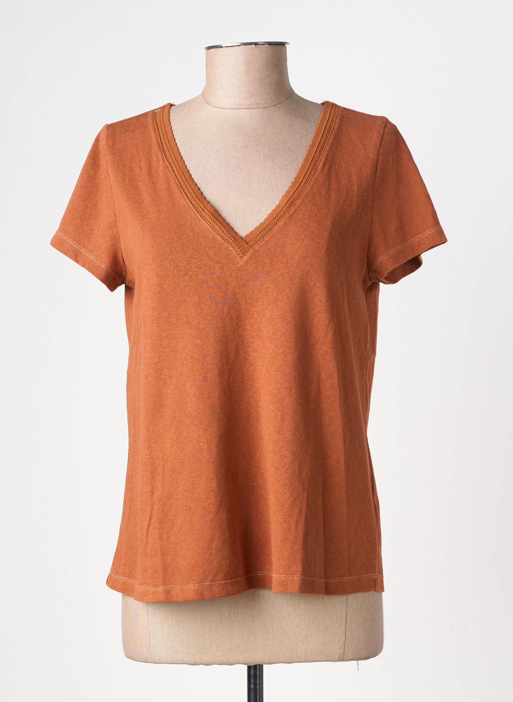 T-shirt col v manches courtes marron GRACE & MILA femme